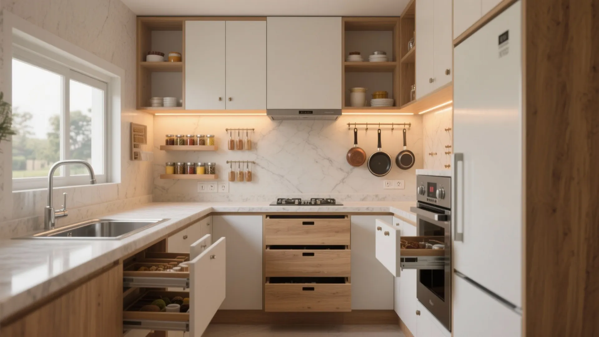 Minimalist kitchen storage for prefab modules