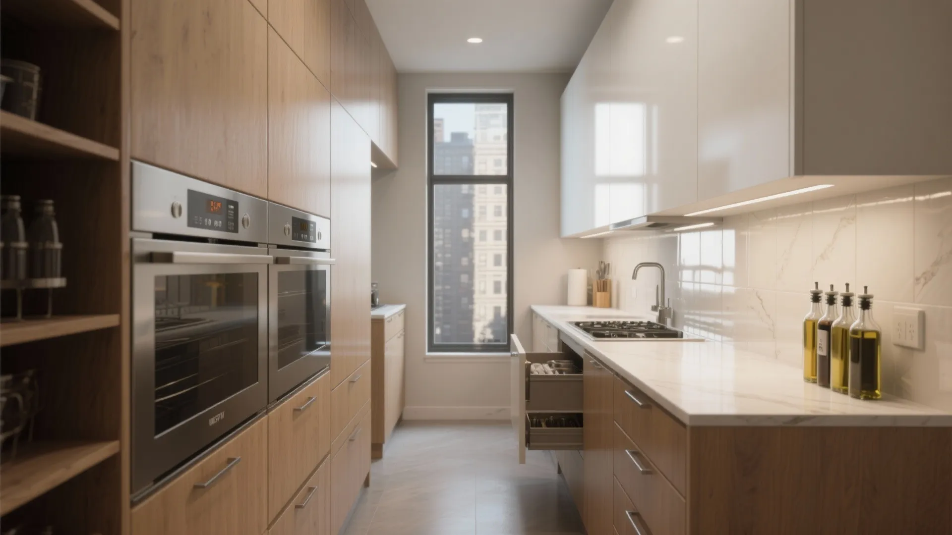 Minimalist kitchen with handleless cabinets, tall pantry towers, and a light-bouncing glazed backsplash