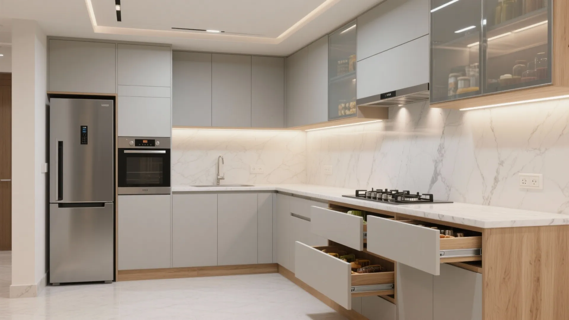 Modern grey kitchen featuring a marble backsplash and large refrigerator with open drawers for storage