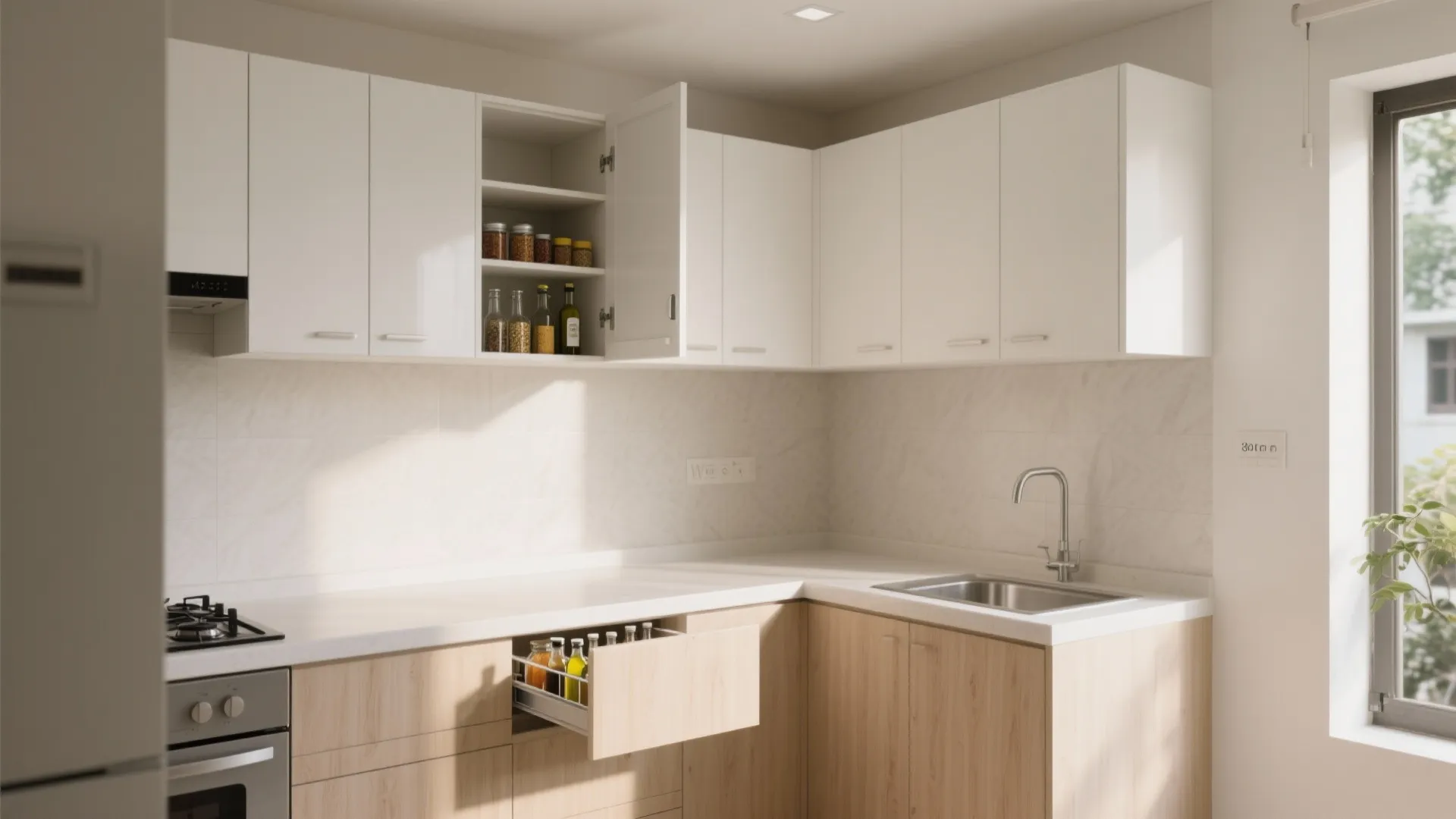 Minimalist kitchen storage with Kolkata practicality