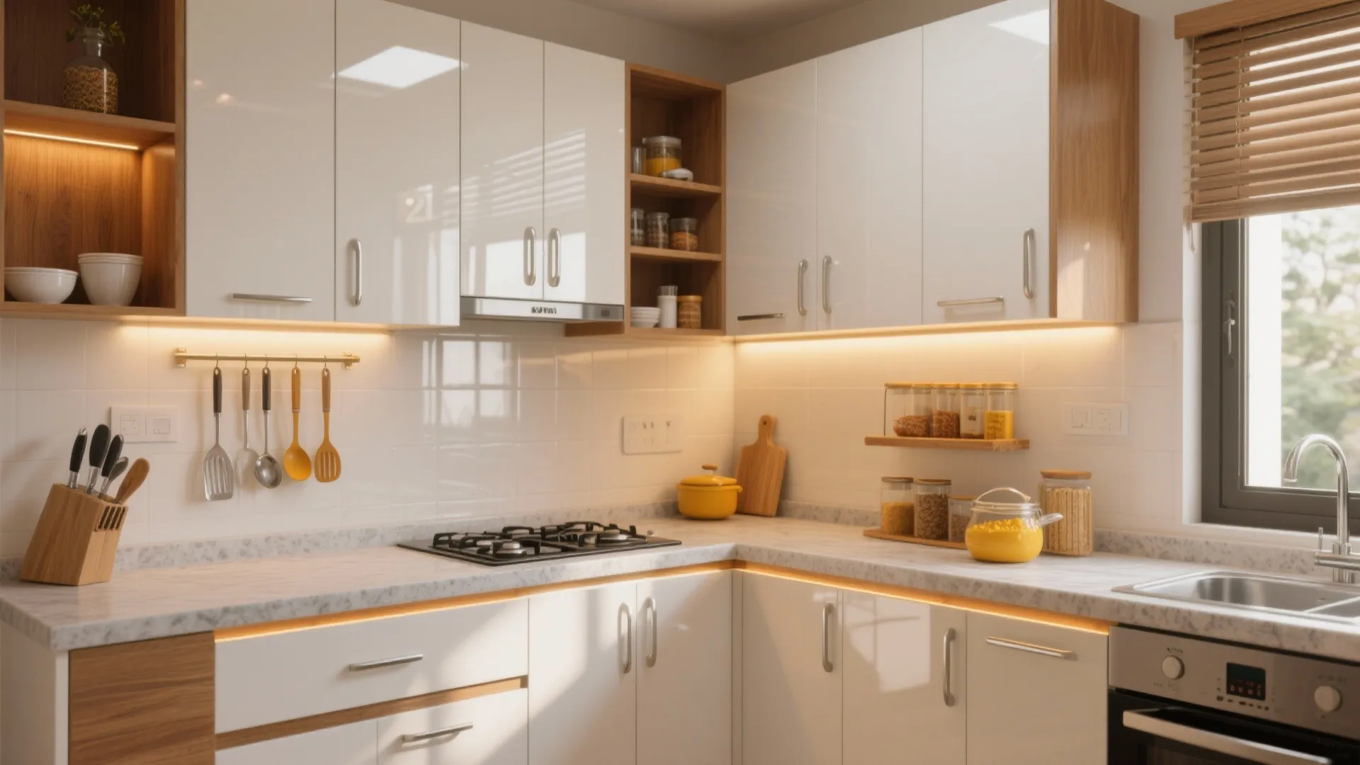 1) Minimalist kitchen storage with reflective surfaces