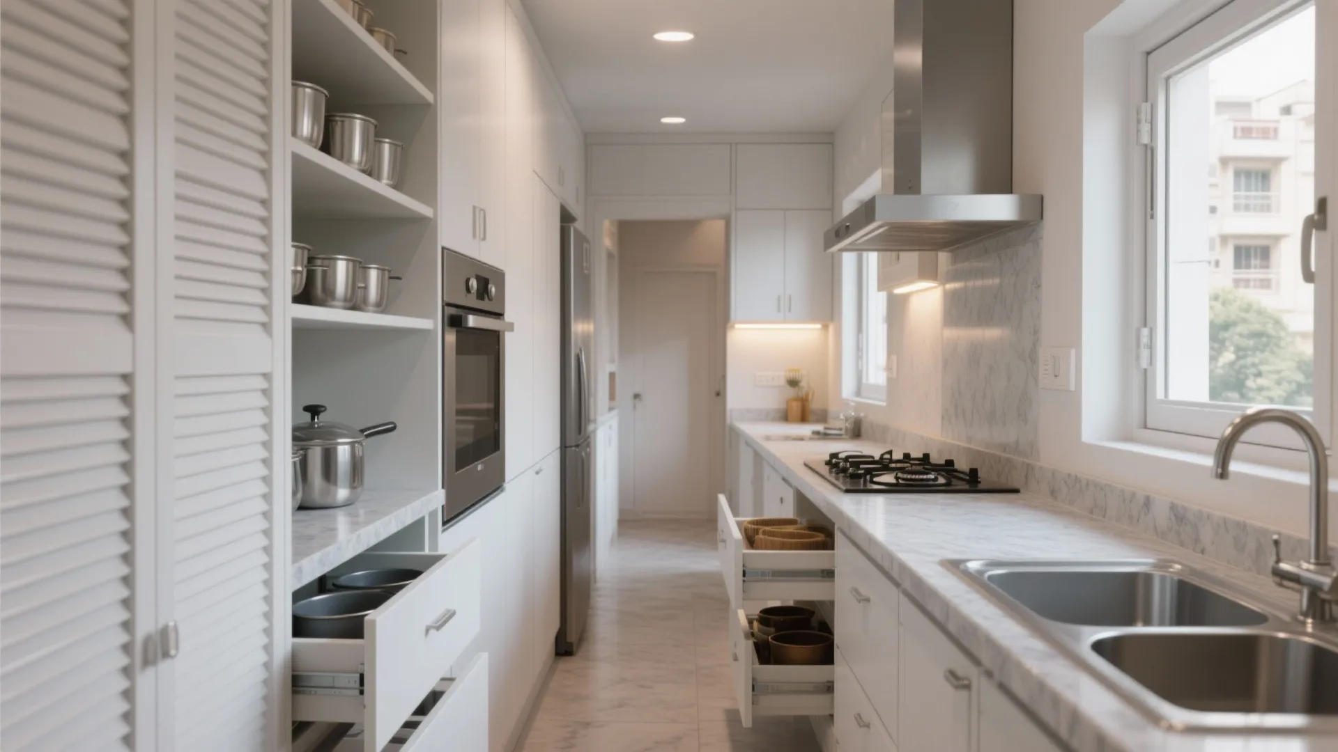 Narrow white kitchen with marble surfaces open storage drawers sink gas stove and large window