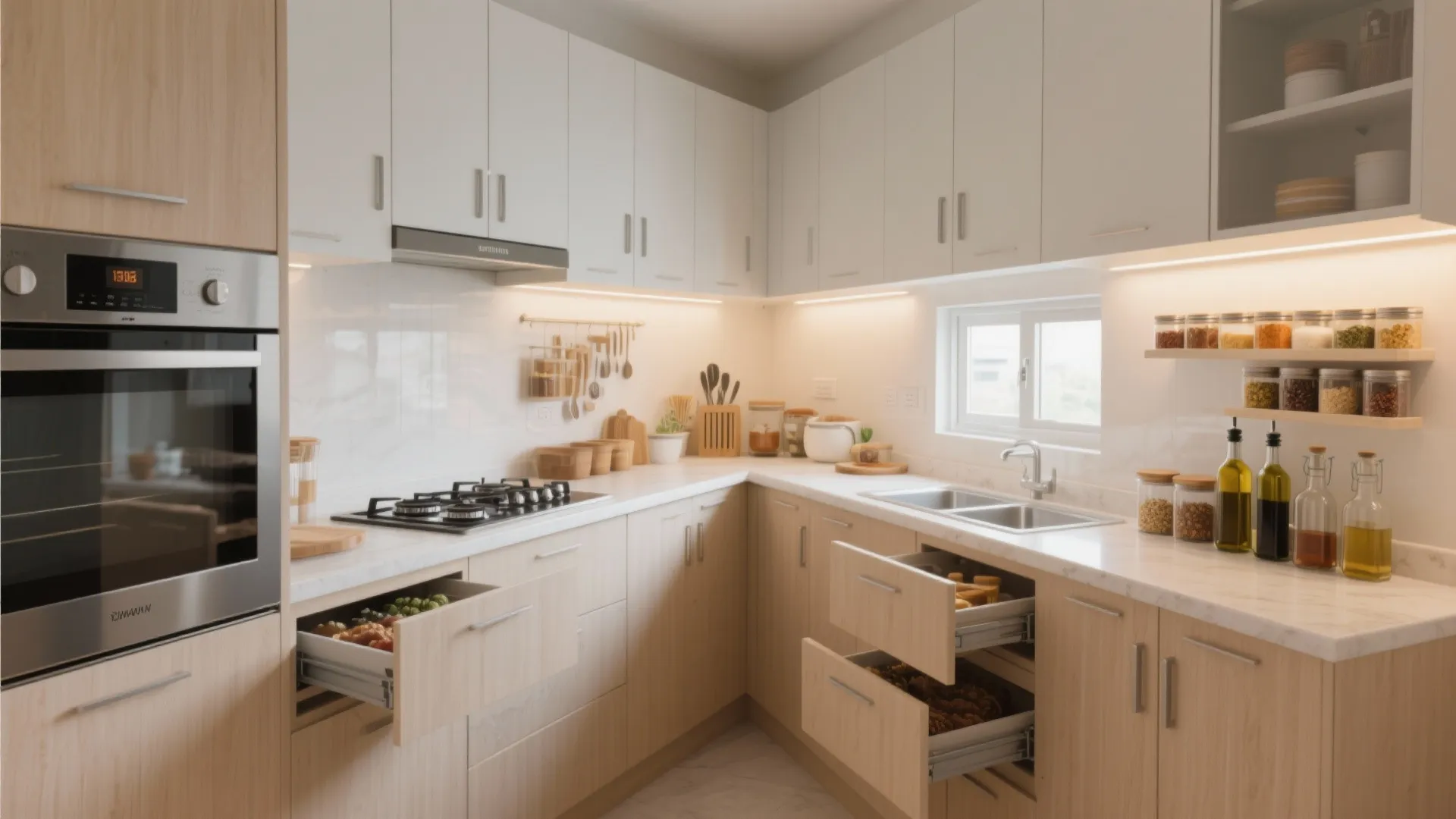 Modern L-shaped kitchen with wooden cabinets white counters open drawers and organized wall storage shelves