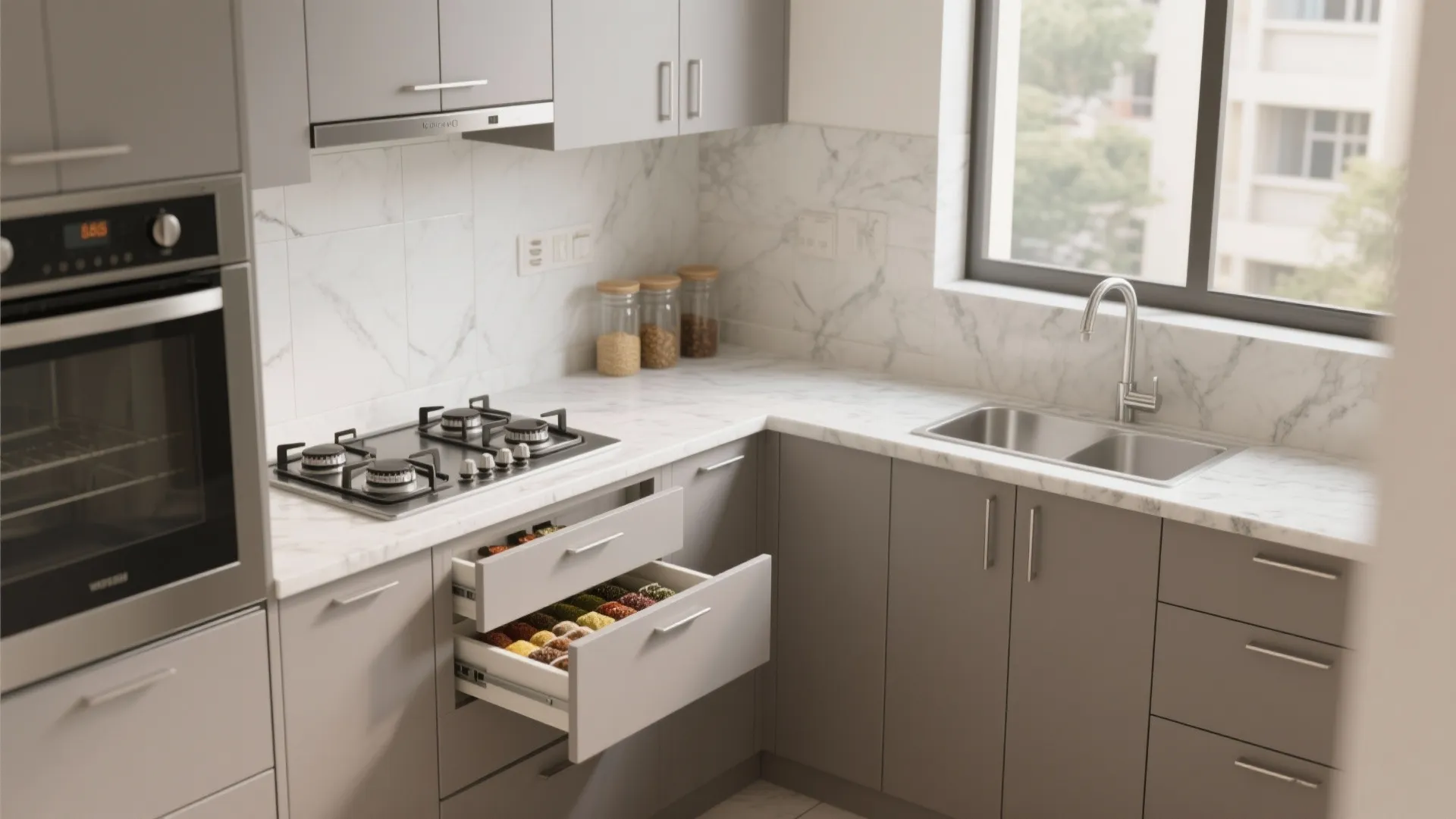Modern grey kitchen with marble countertop open drawers for spice storage oven and gas stove