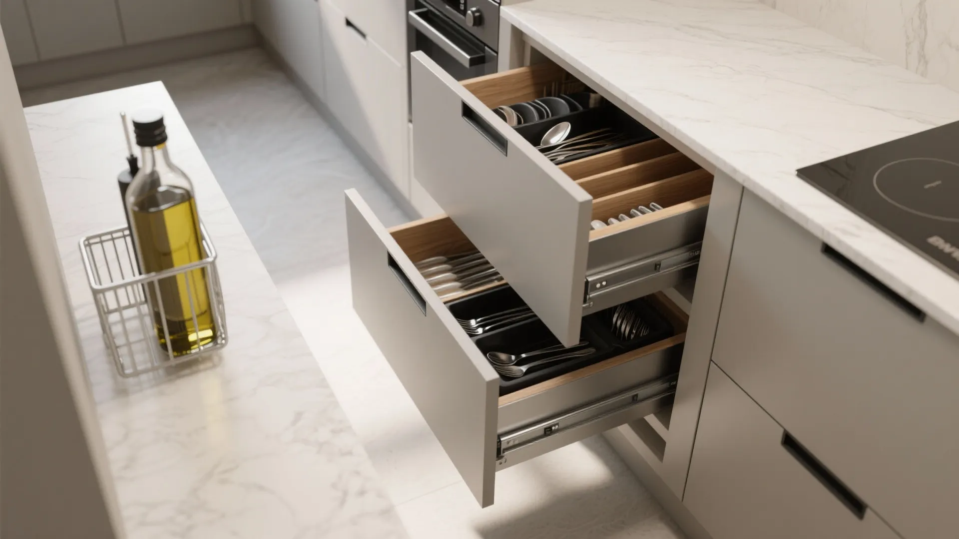 Modern kitchen island with open drawers showing organized cutlery spoons forks and marble stone countertop