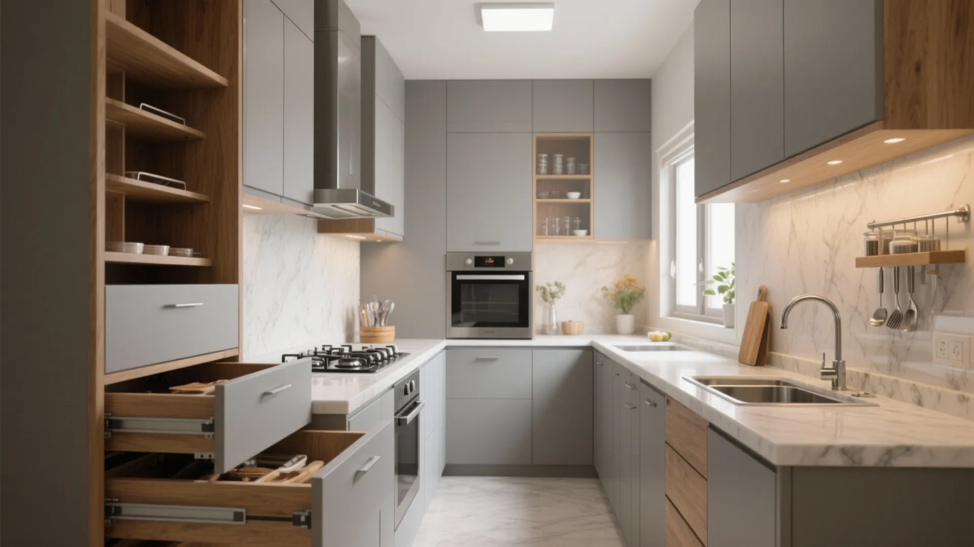 Compact Indian kitchen with handle-less cabinets and tall larder pull-outs zoned for prep, dry, and wet areas.