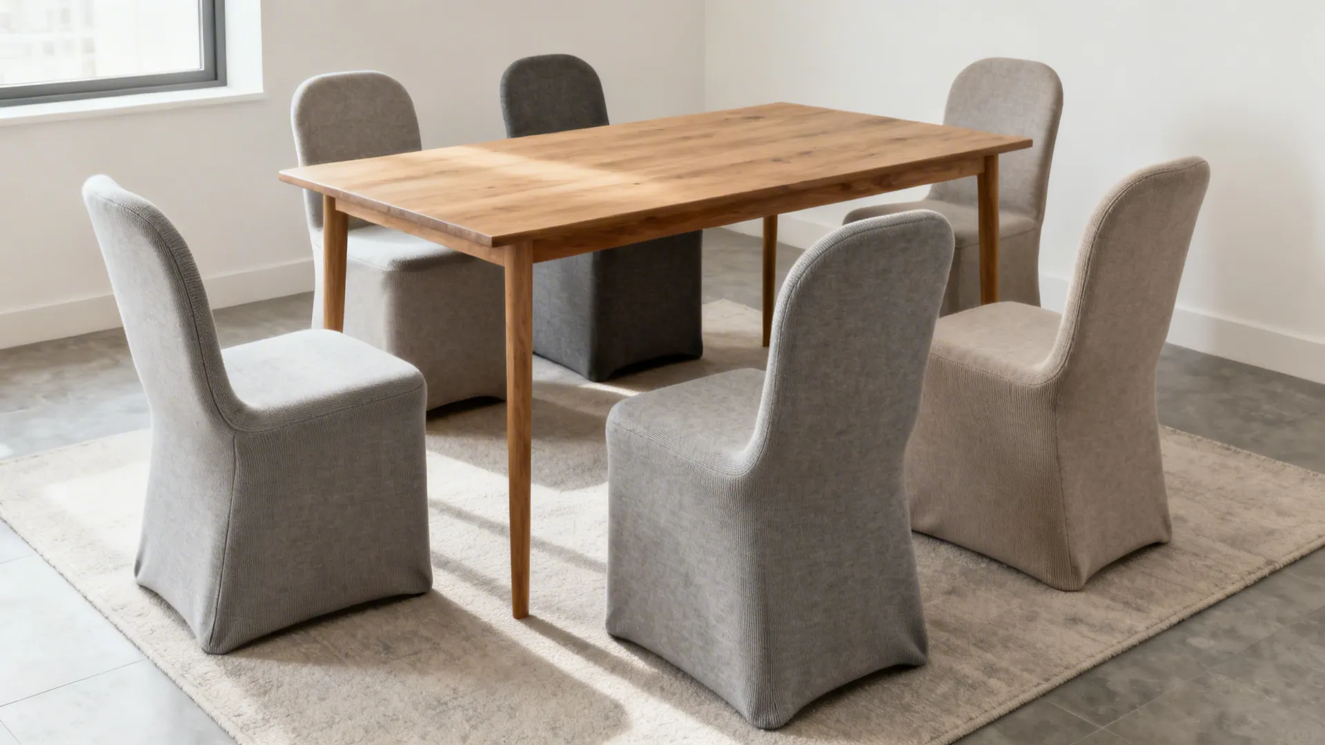 Six dining chairs in snug minimalist knit slipcovers unifying mismatched shapes.
