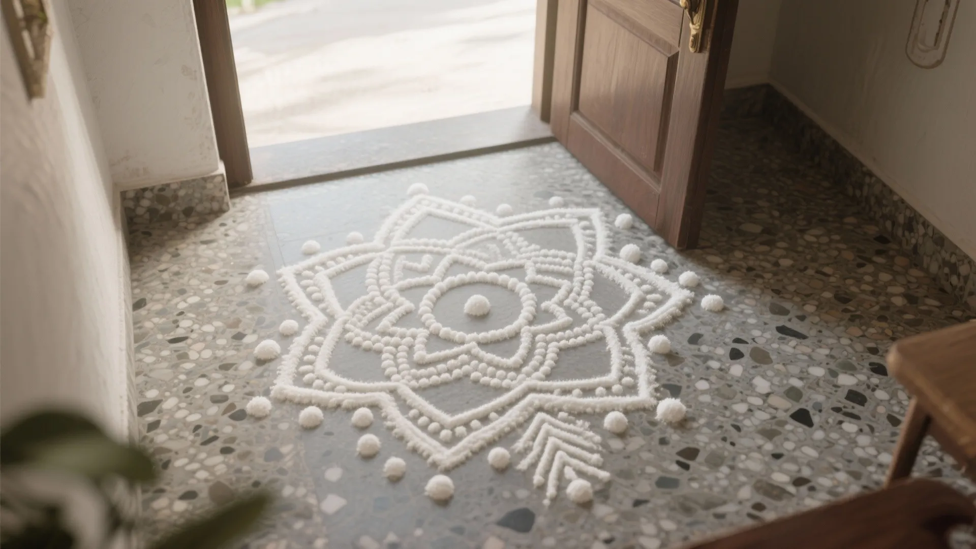 Minimal Rice-Flour Kolam at the Door