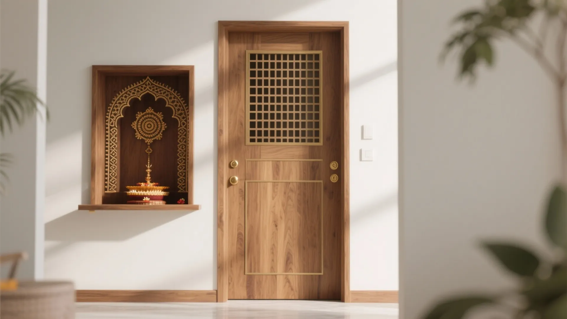 Minimalist Solid-Wood Doors with Kolam Grill Insets