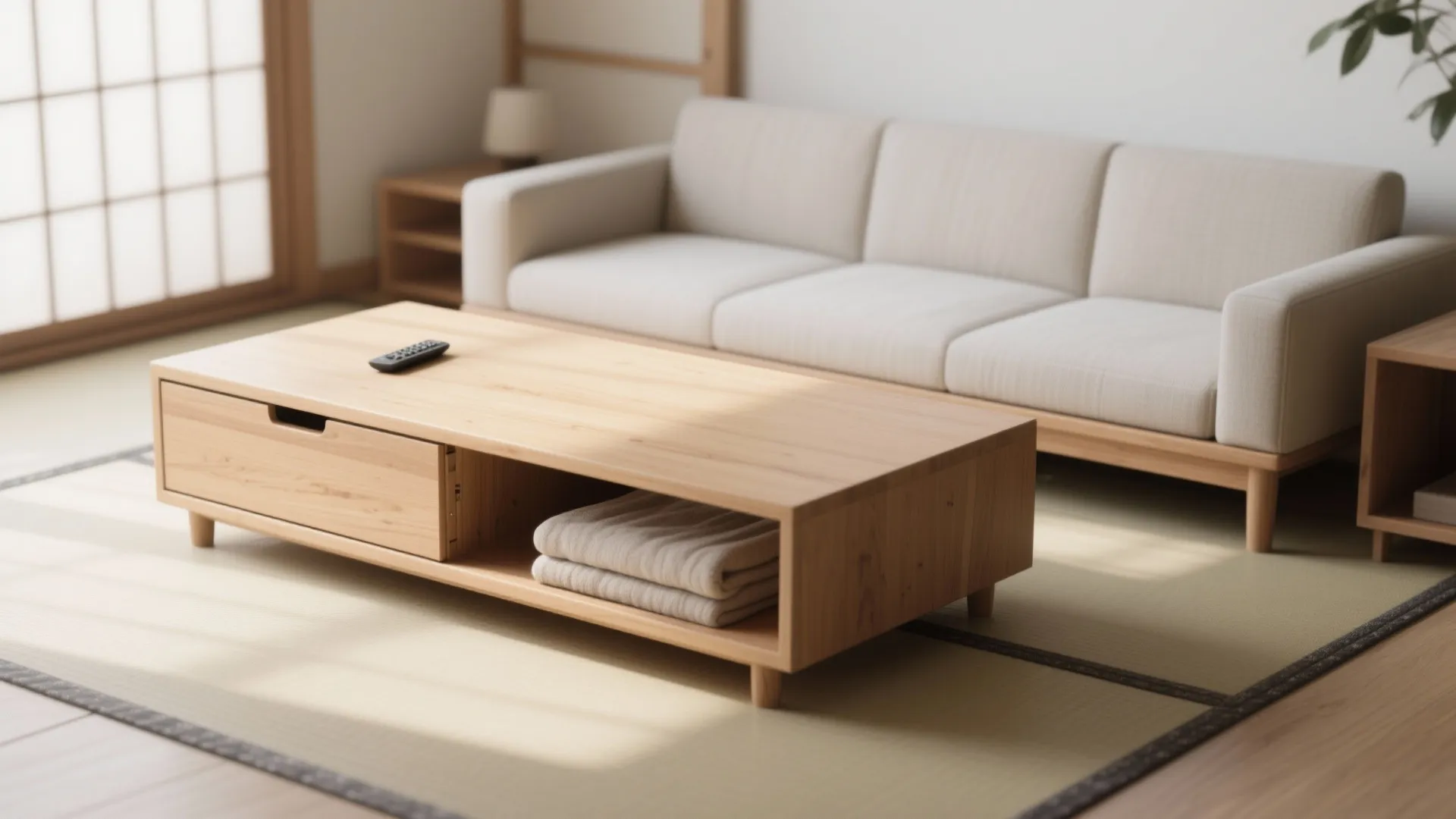 Light wood coffee table with storage drawer next to white sofa on a floor mat