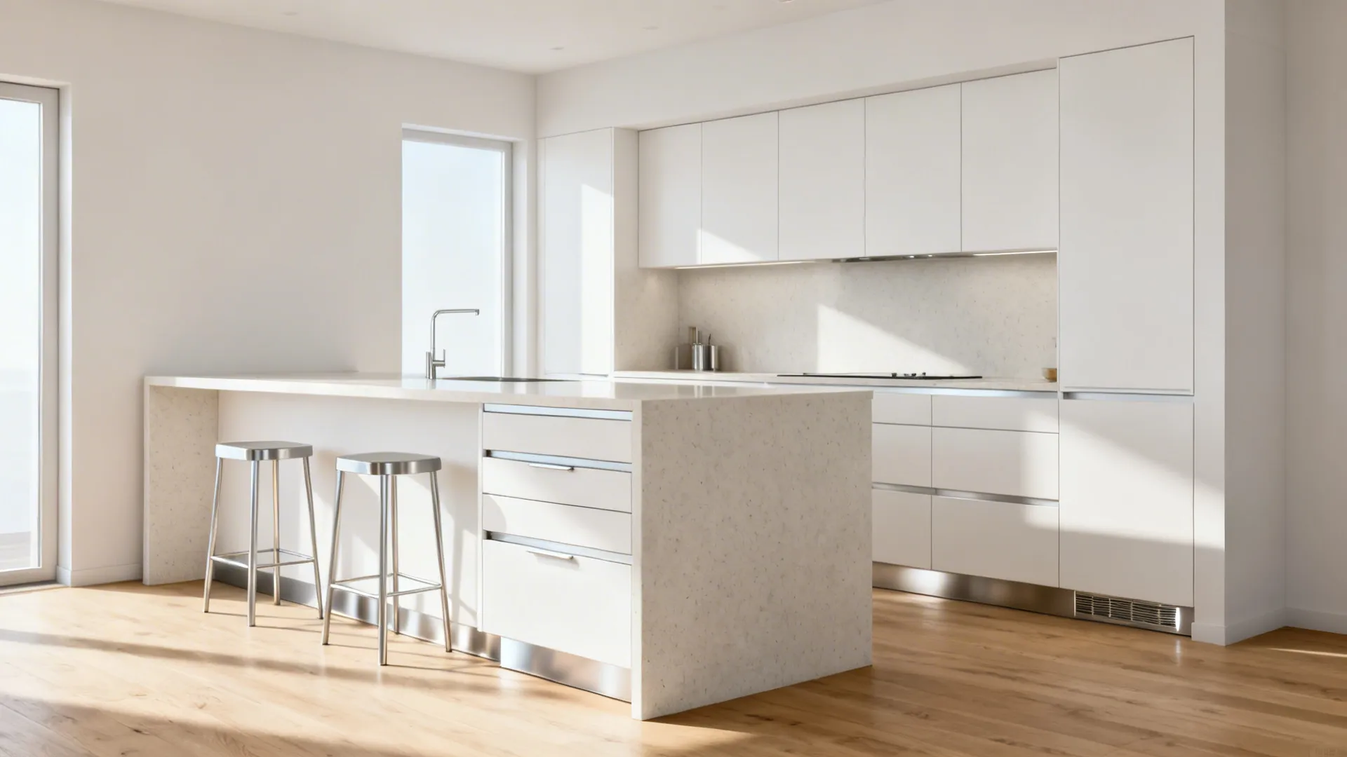 Minimalist L-shaped kitchen island with handleless drawers and toe-kick storage in a bright small kitchen.