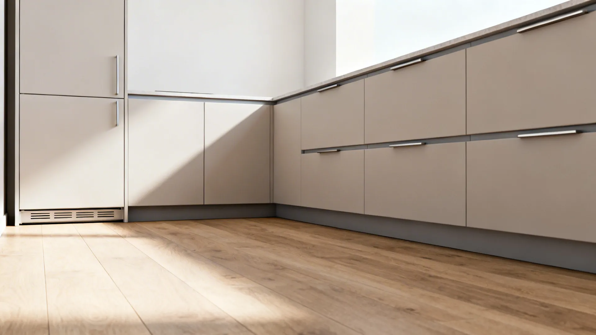 Minimal L-shaped kitchen with handleless matte cabinets and continuous toe-kick for clean sightlines.