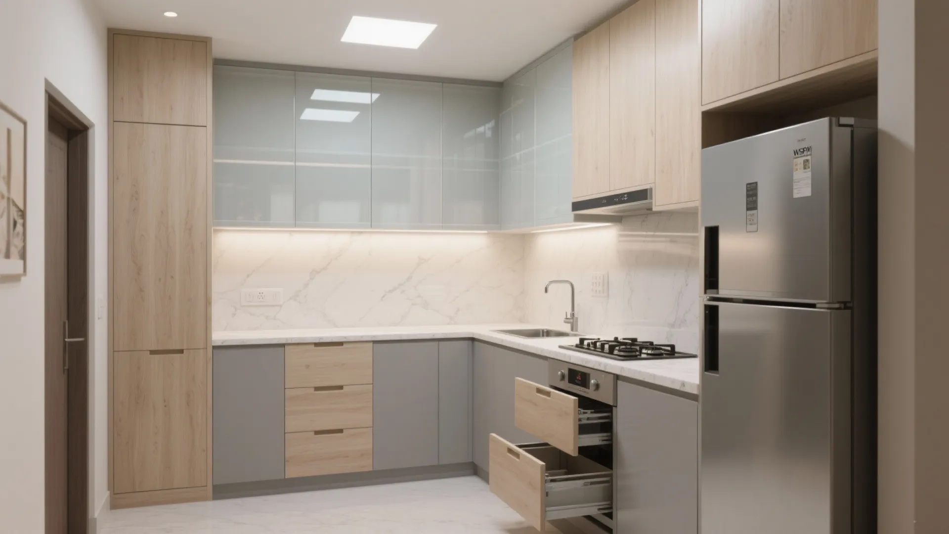 Modern L-shaped kitchen with wood cabinets grey base units marble backsplash and large stainless steel refrigerator