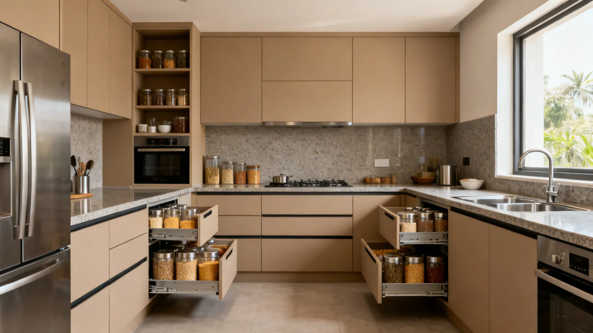 Minimalist L-shaped kitchen with a tall pantry tower and handleless matte laminate cabinets.