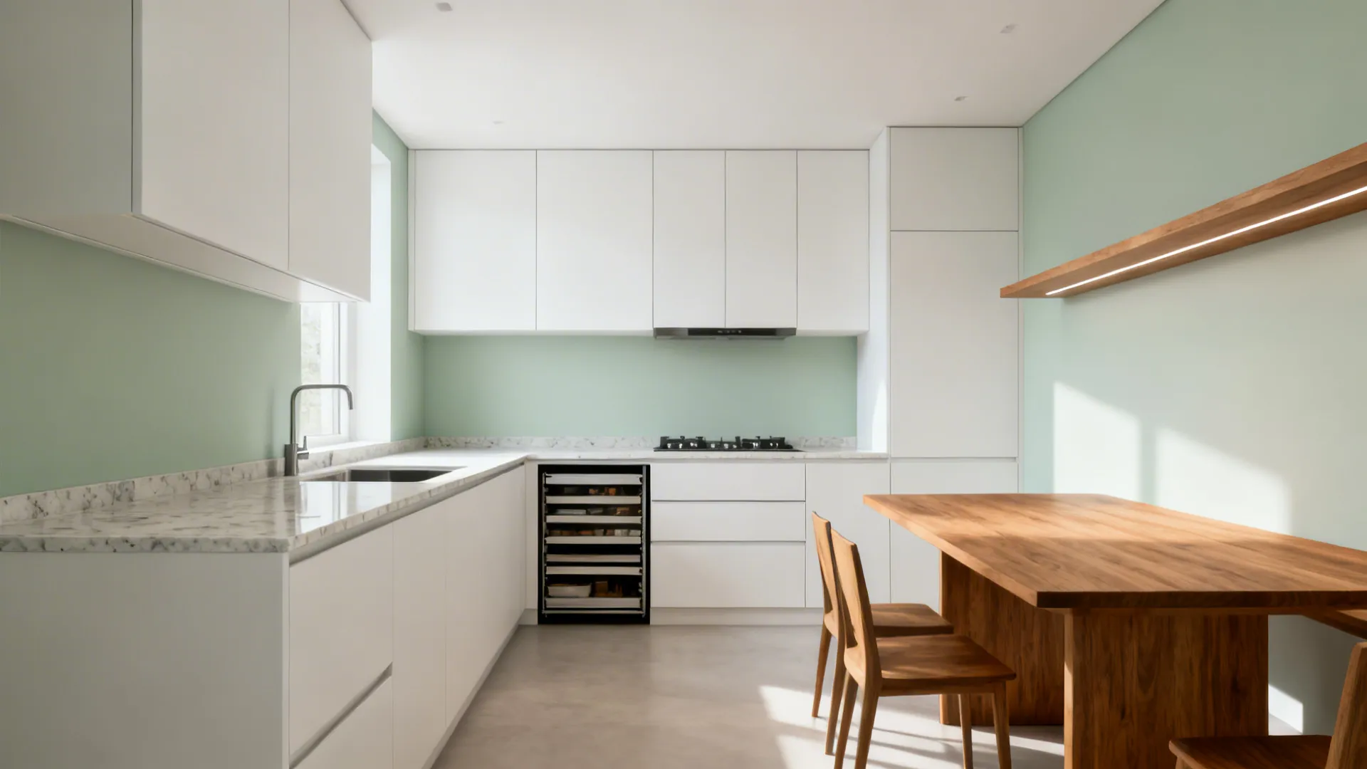 Minimalist L-shaped kitchen with handleless cabinets and a slim shelf by the dining table.