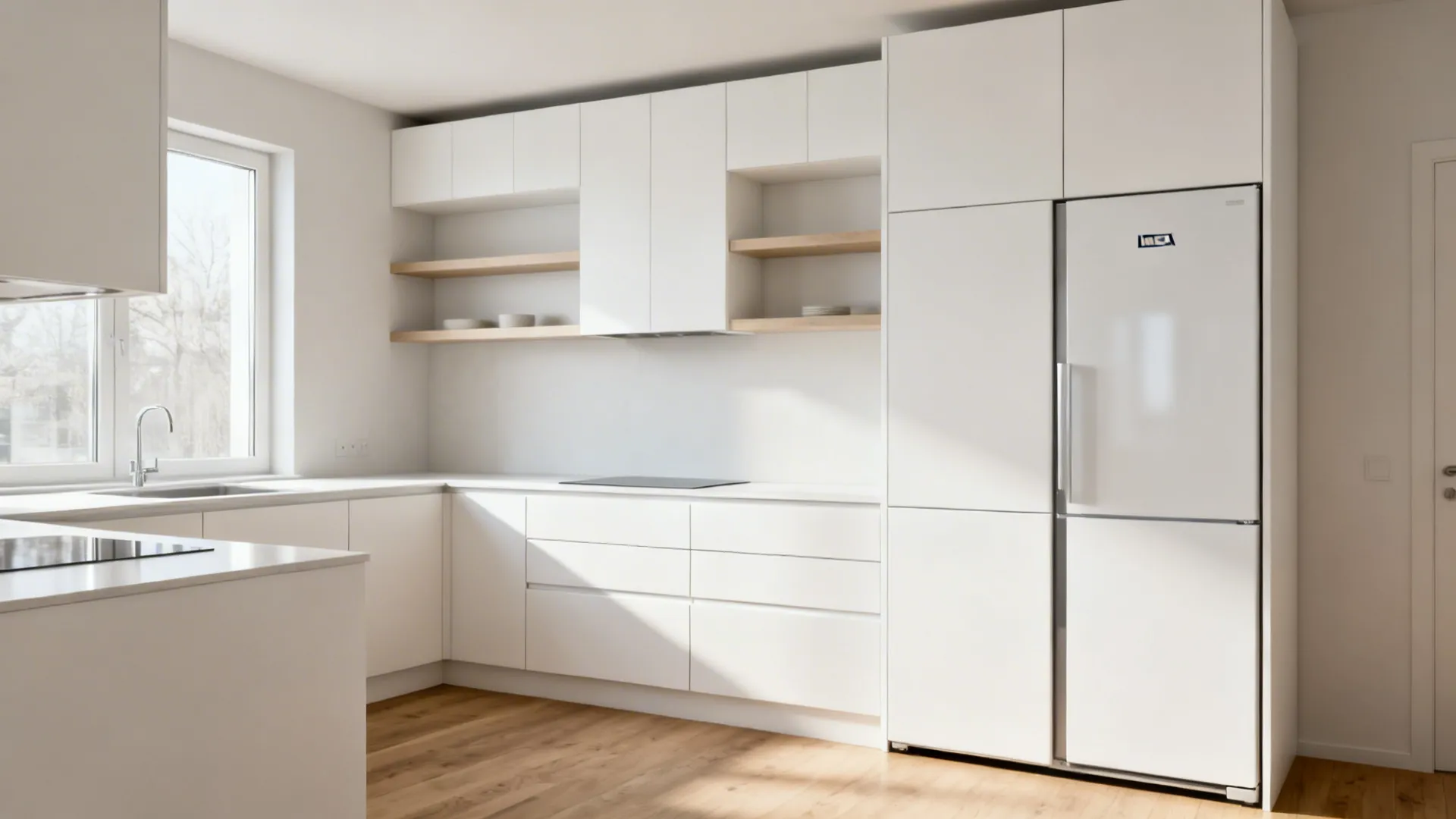 Modern white kitchen with tall cabinets, built-in fridge, wooden open shelves, and light wood flooring