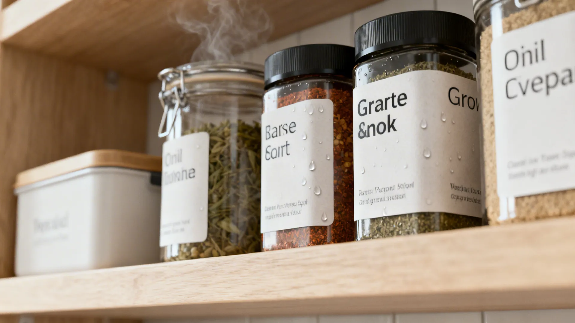 Macro of minimalist vinyl spice jar labels with clean sans-serif type on a light wood shelf.