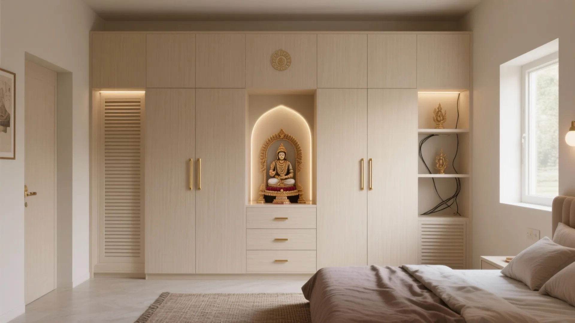 Minimal laminate pooja-wardrobe combo