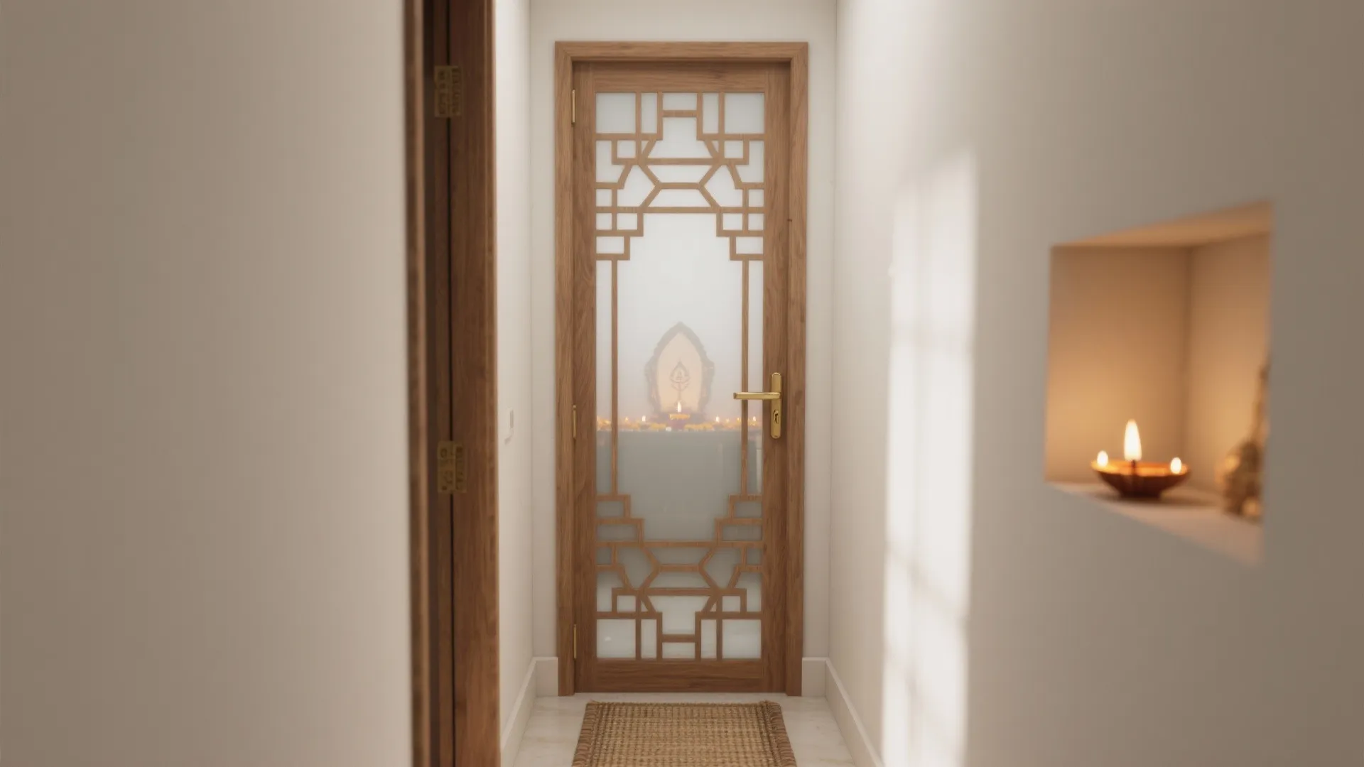 1) Minimalist wooden lattice with frosted glass