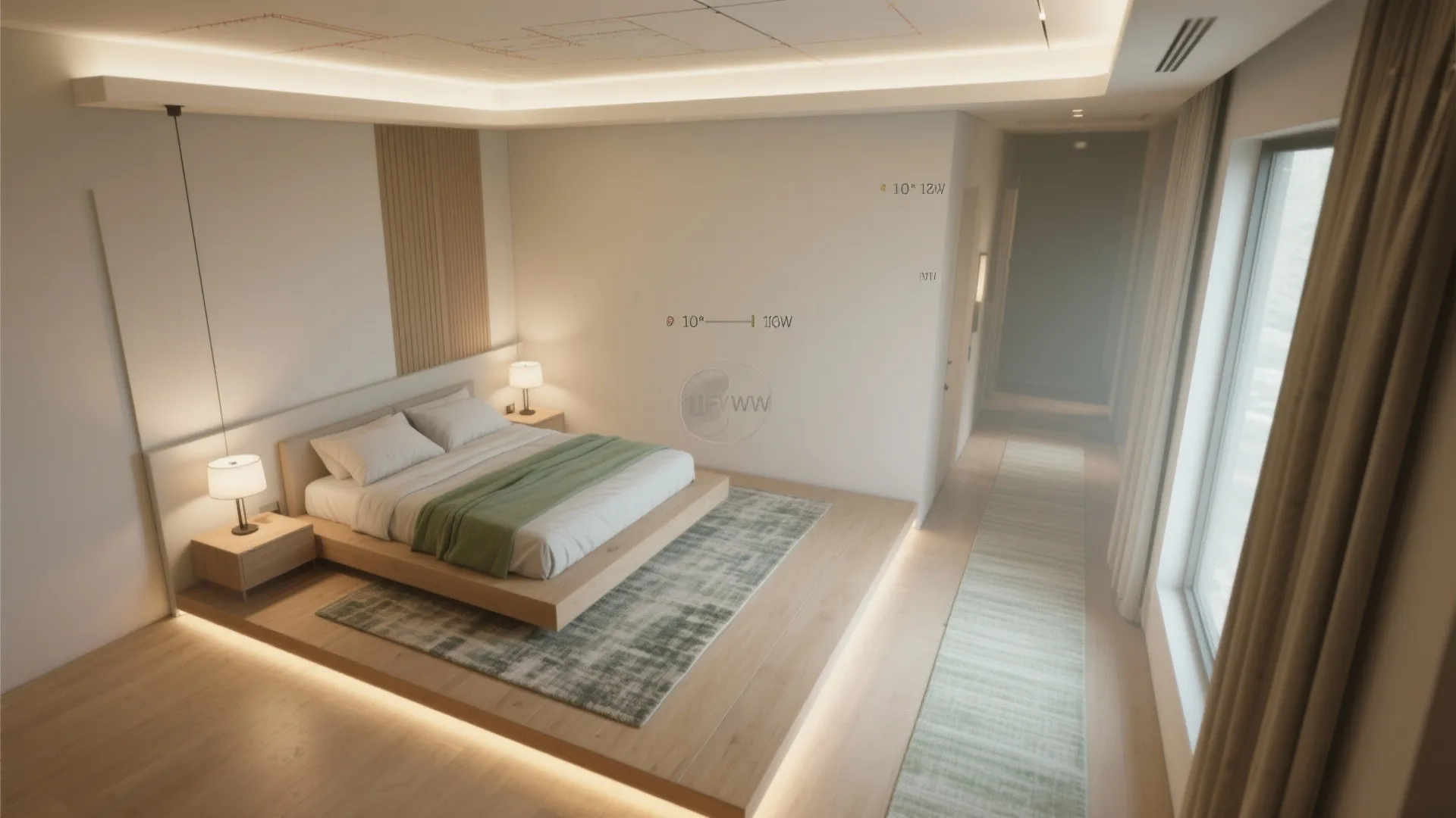 Top-down 3D mockup of a minimalist 10x12 bedroom showing walking path, platform bed and layered lighting zones.