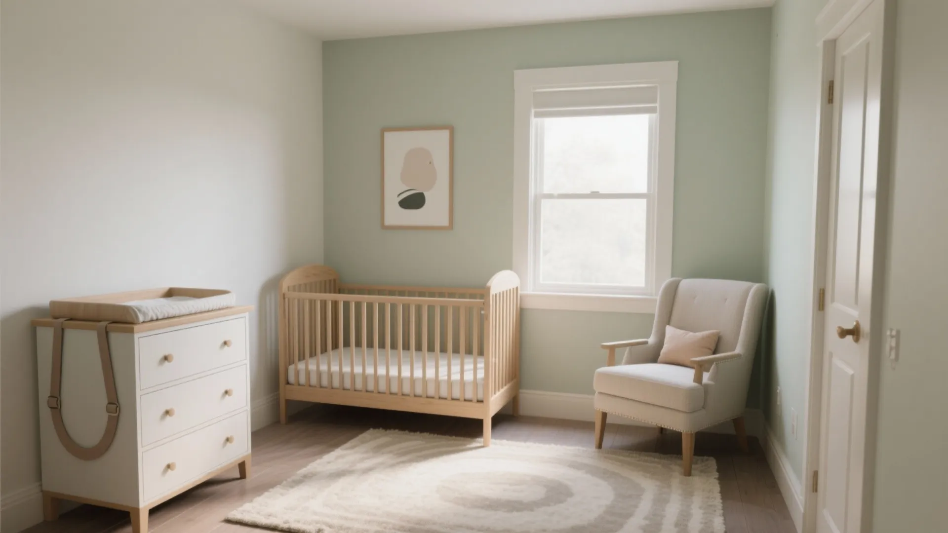 1) Minimal-footprint layout: crib, chair, dresser—nothing extra