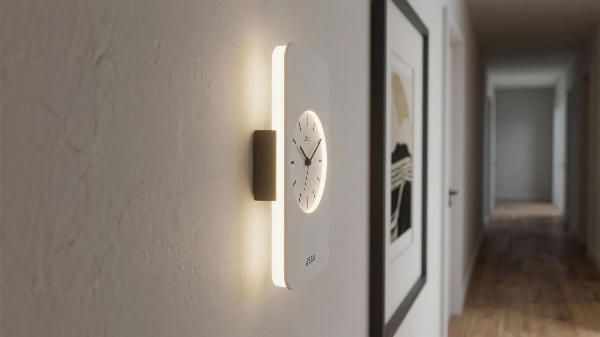 Modern white wall light with integrated clock hanging in a hallway next to a framed picture