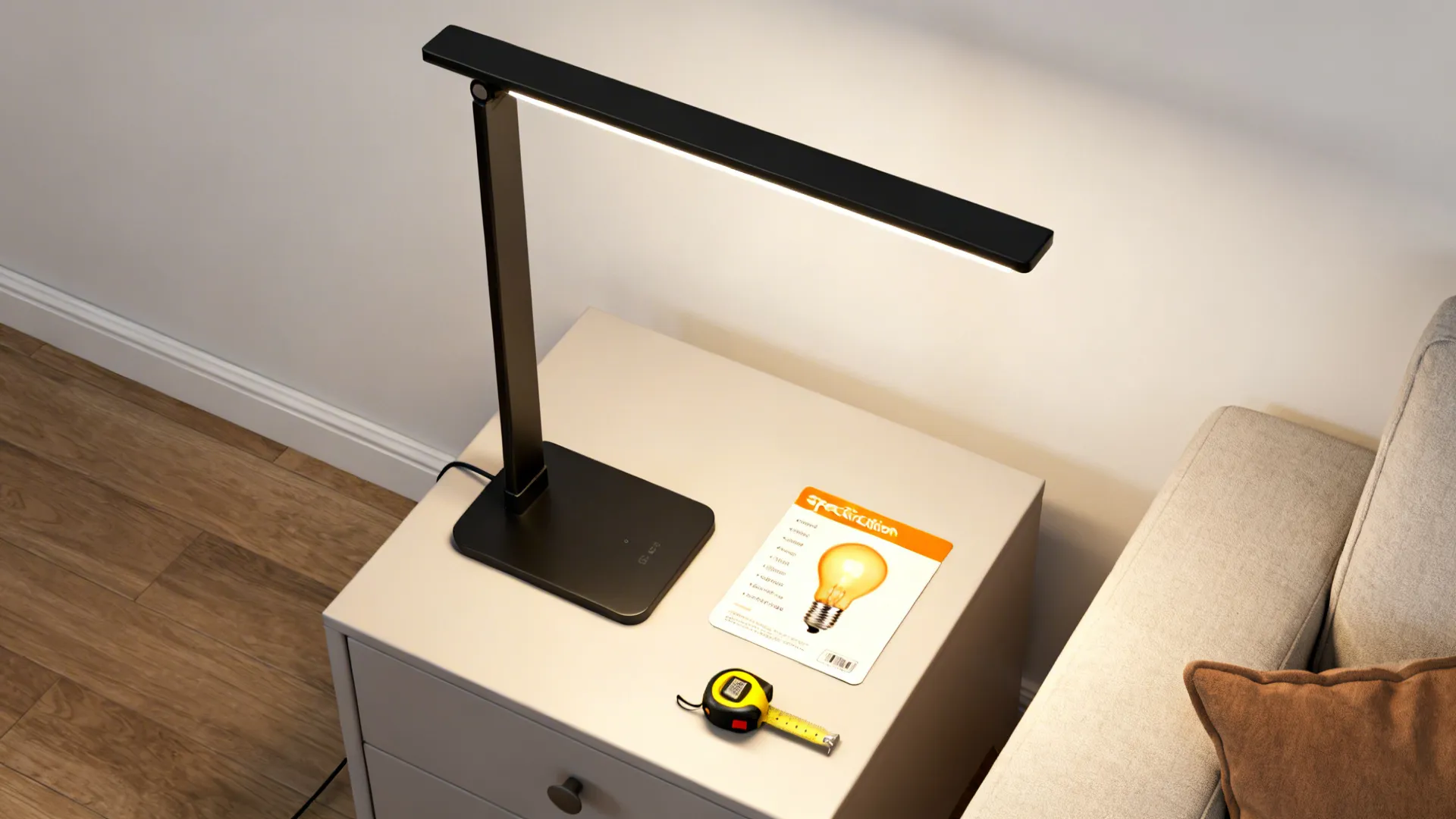 Top-down flatlay of a slim minimalist black LED lamp with scale items and a warm bulb card