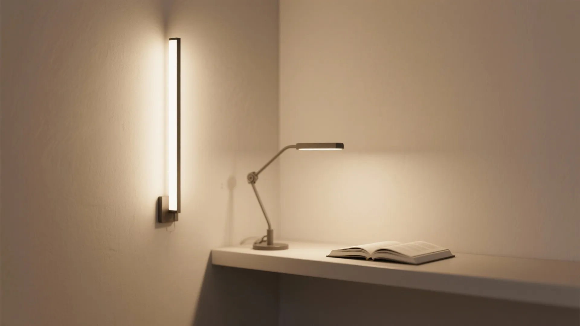 Minimalist vertical wall light and desk lamp illuminating an open book on a white shelf