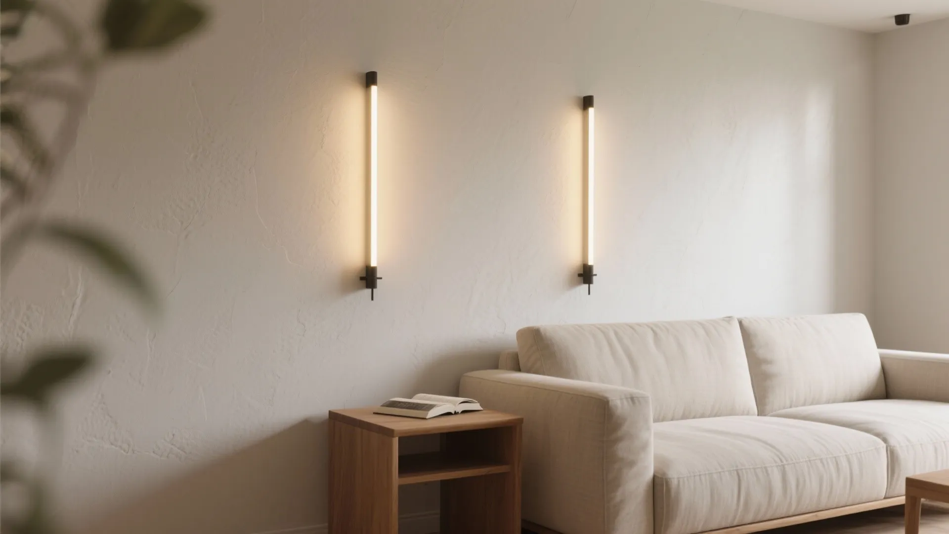 Modern living room featuring a beige sofa wooden side table and two minimalist wall light fixtures