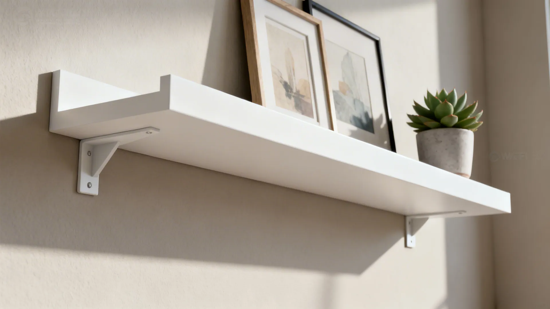 White wall shelf with metal brackets holding two picture frames and a small green succulent