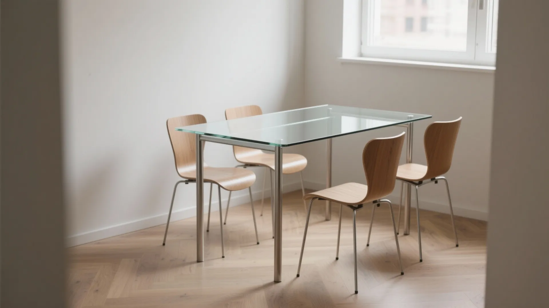 Minimalist glass dining table with four wooden chairs on a light wood floor near window