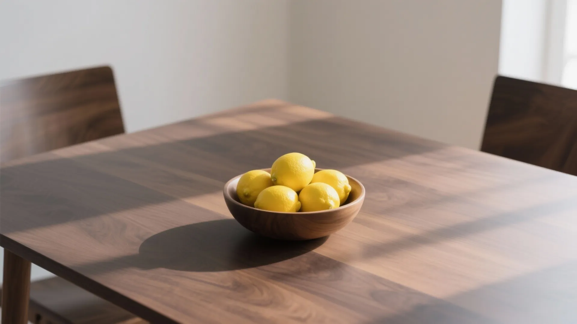A small wooden bowl filled with fresh yellow lemons on a minimalist dark wood table