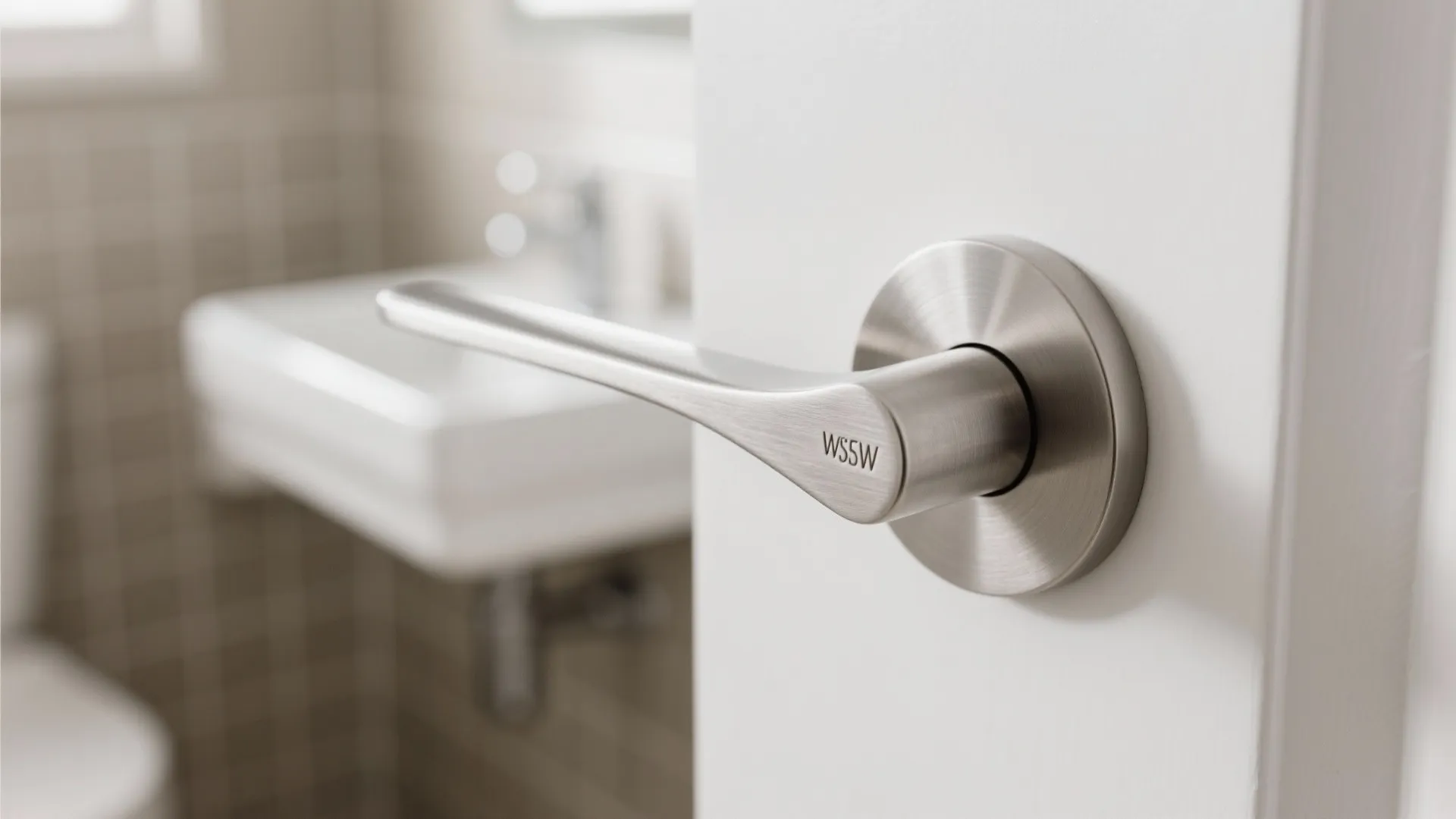 Close up of a brushed metal door handle on a white door showing bathroom background