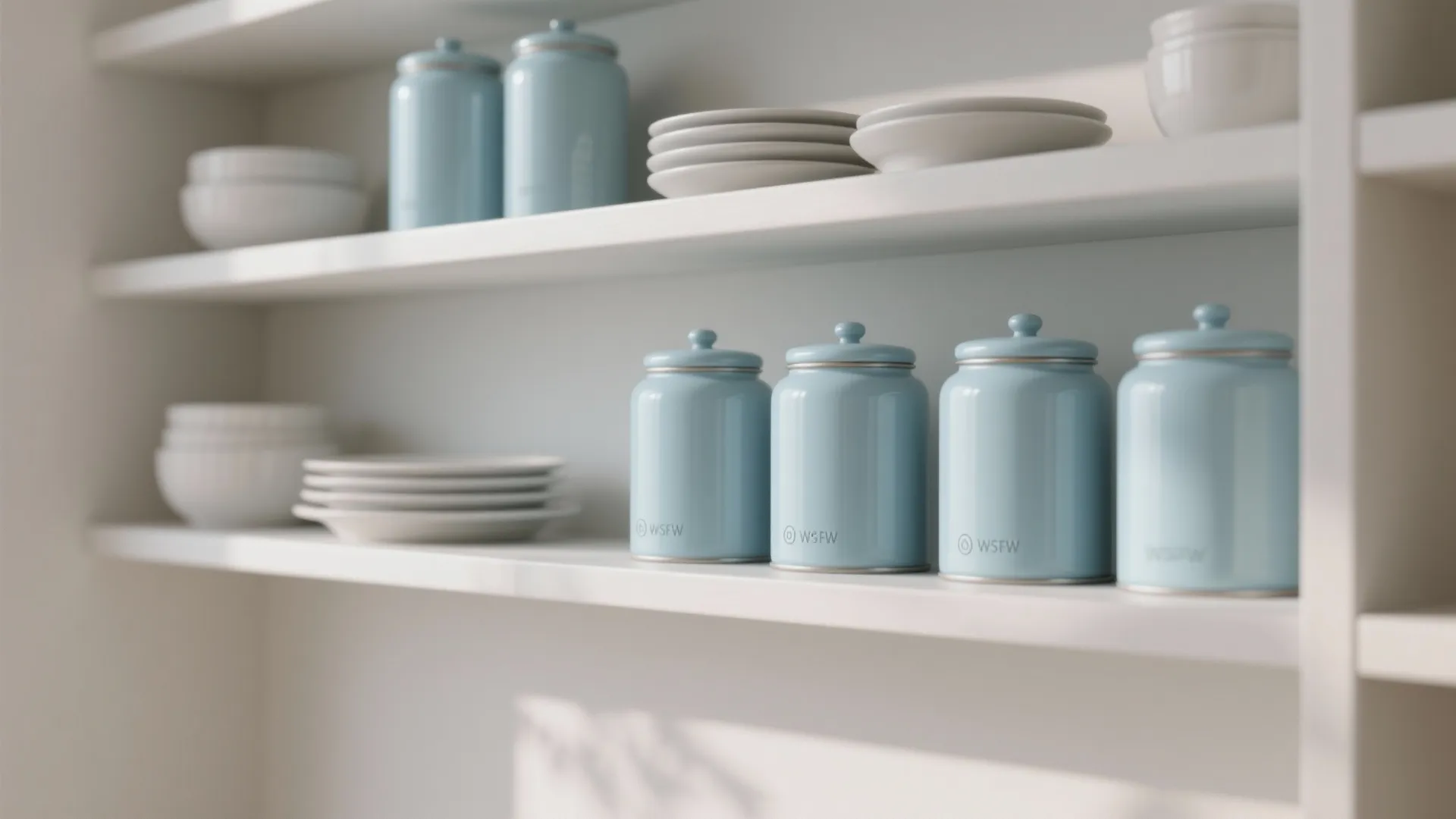 5. Minimalist Light Blue Canisters for Open Shelves