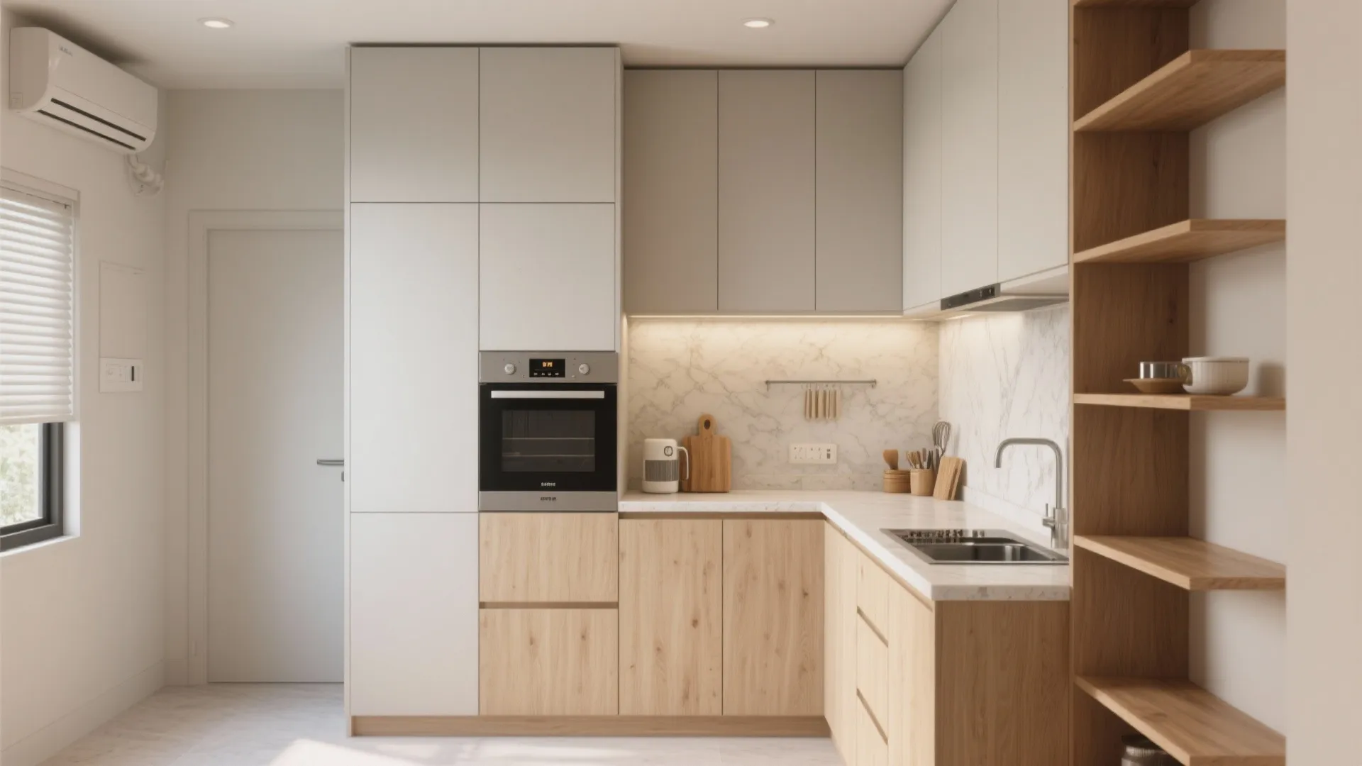 Minimal kitchen storage with light finishes