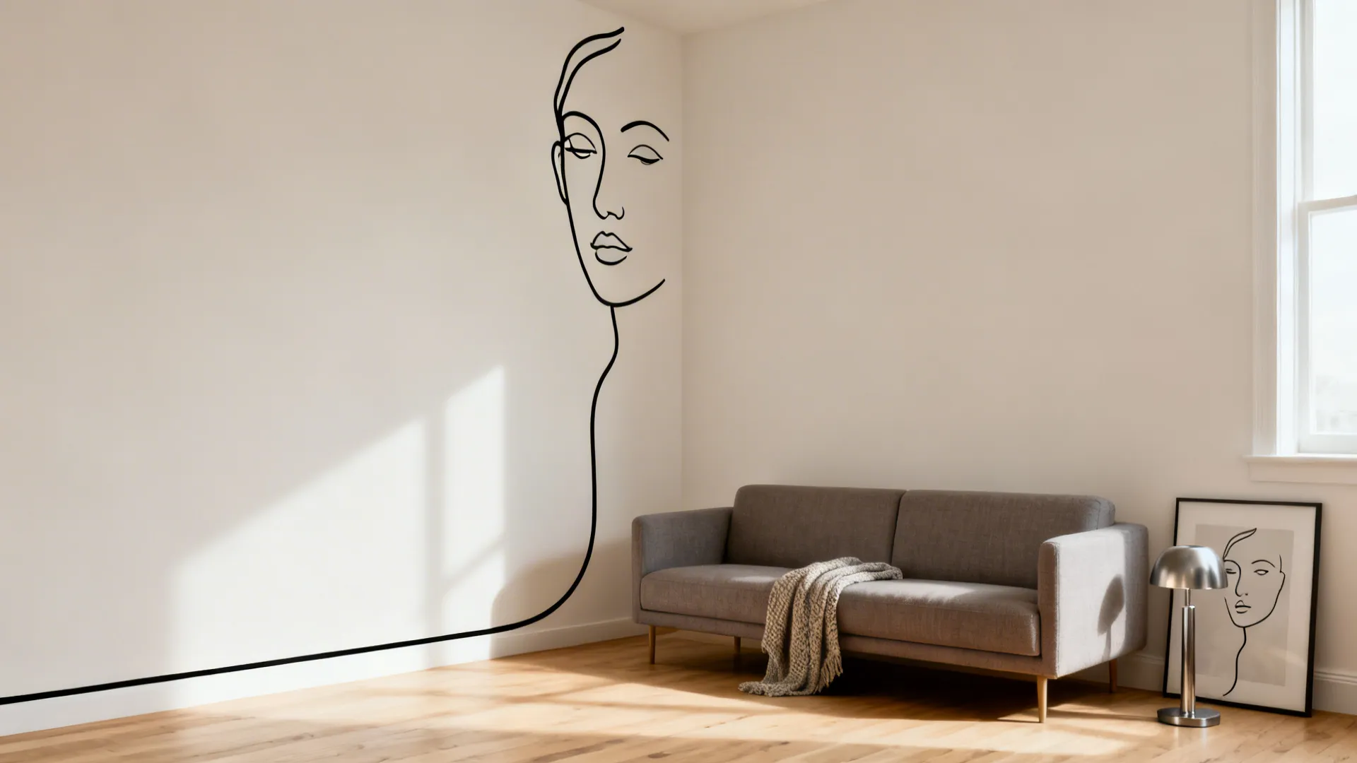 Thin black line-art decal wraps a corner in a small neutral living room, visually elongating the space.