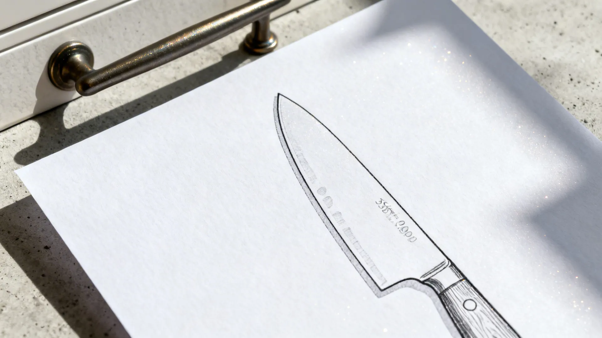 Simple line drawing of kitchen knife on white paper placed near a metal cabinet handle