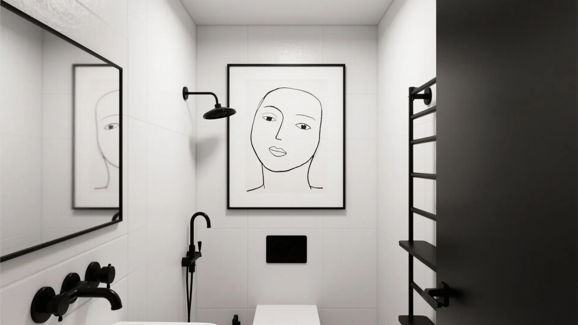 Minimalist black and white bathroom with line art wall decor plus matte black faucet and shower
