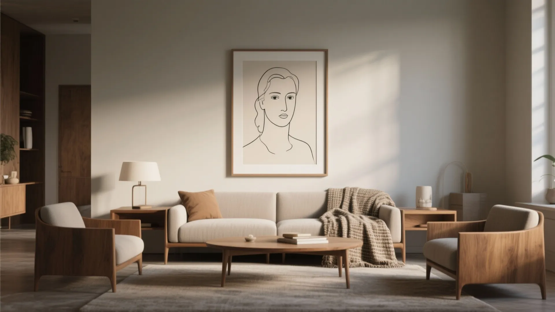 Minimalist living room with beige sofa wood coffee table framed line art and two wood chairs