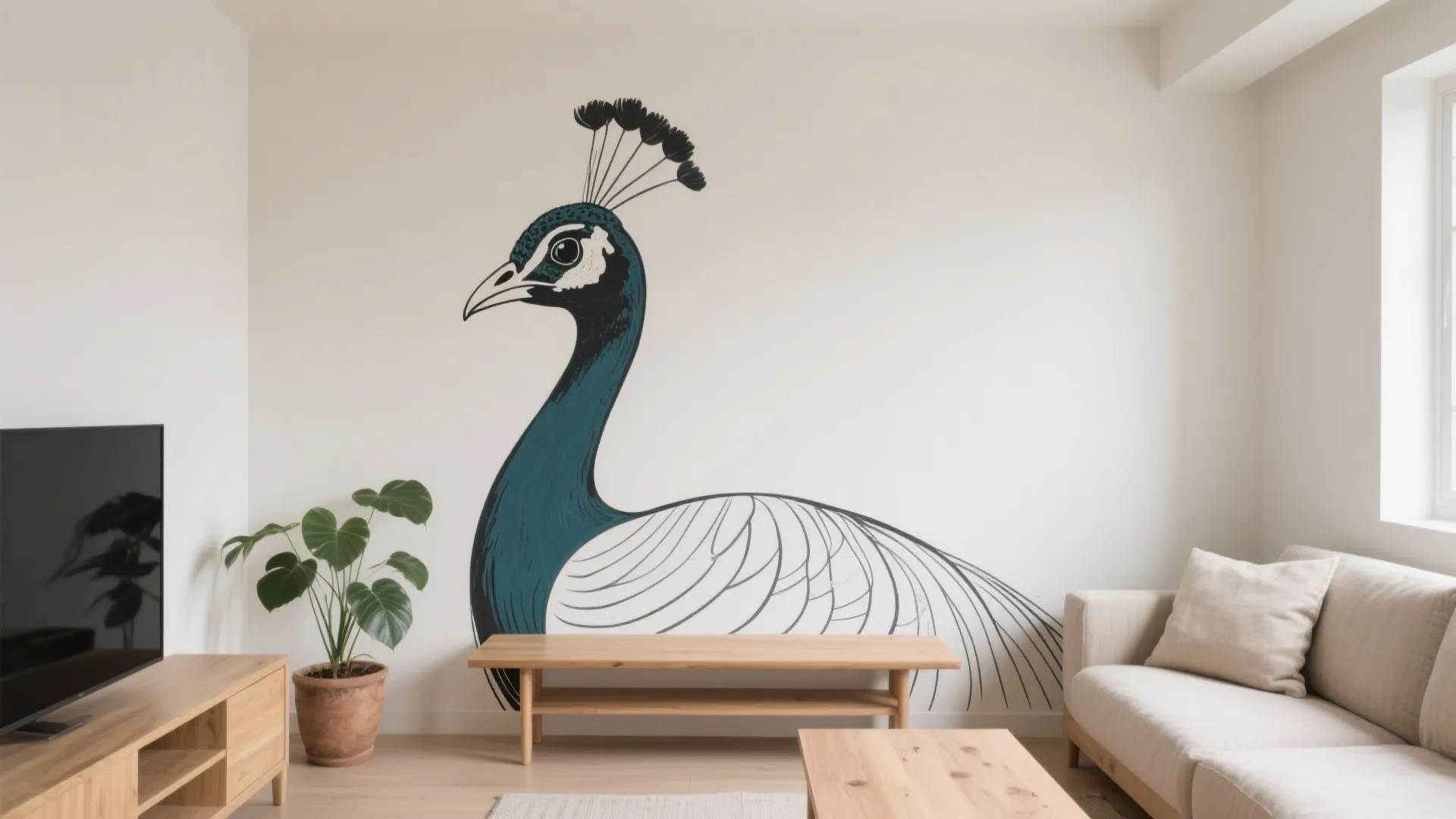 Minimalist Peacock Line Art Mural