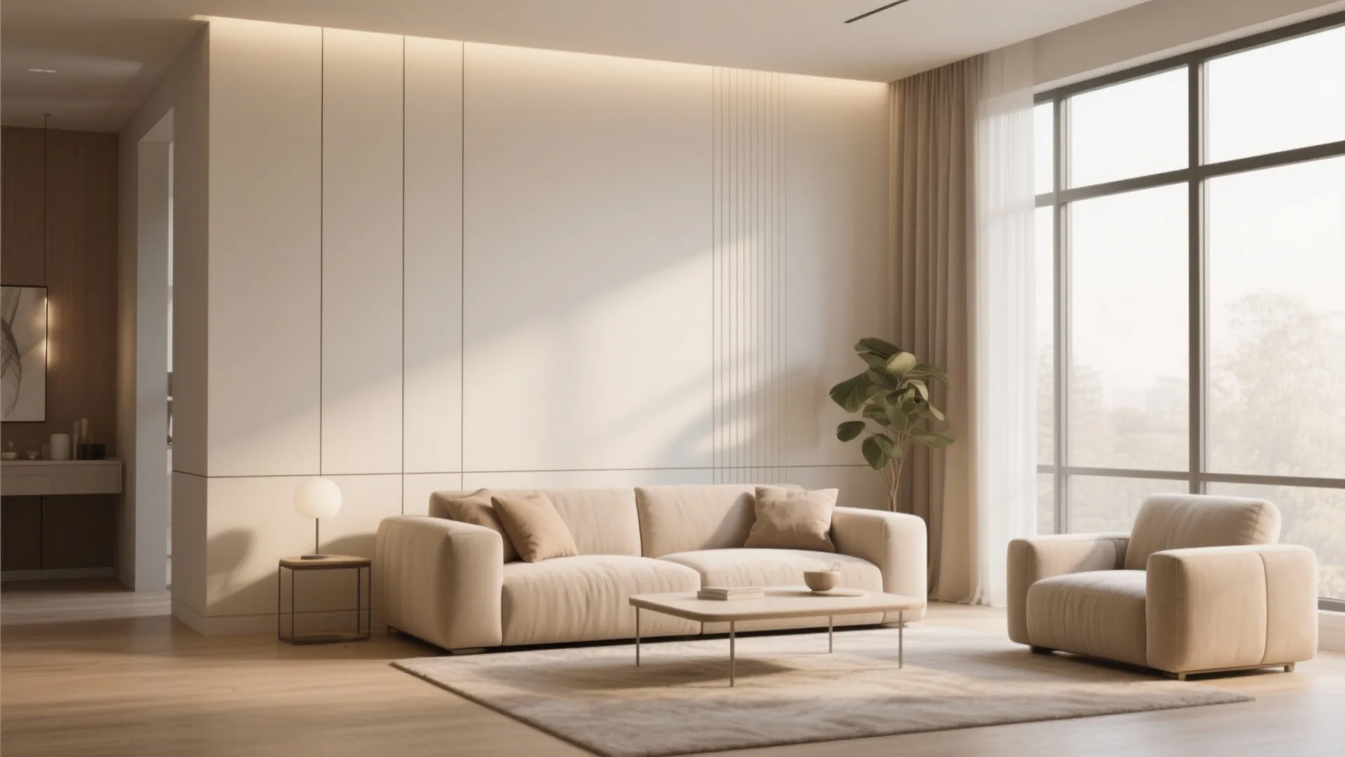 Bright living room with beige sofa armchair coffee table large windows and minimalist wall panel design
