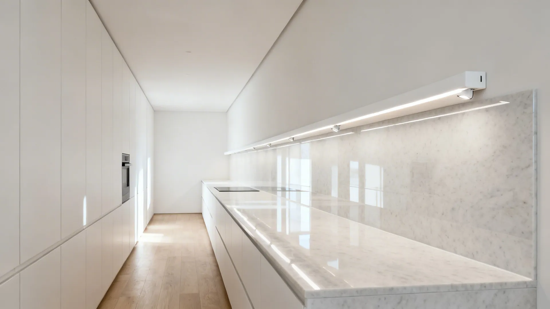 Slim matte white linear track lights evenly illuminate a quartz backsplash in a galley kitchen.