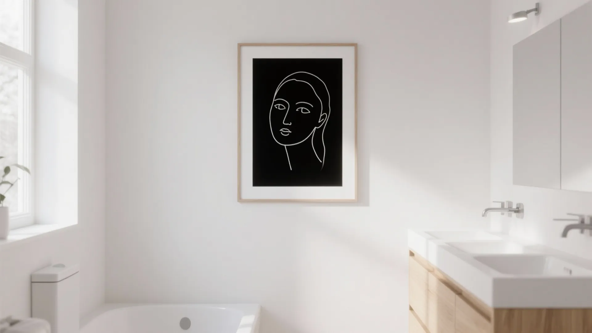 Modern white bathroom with minimalist wall art above the sink and a bright window view