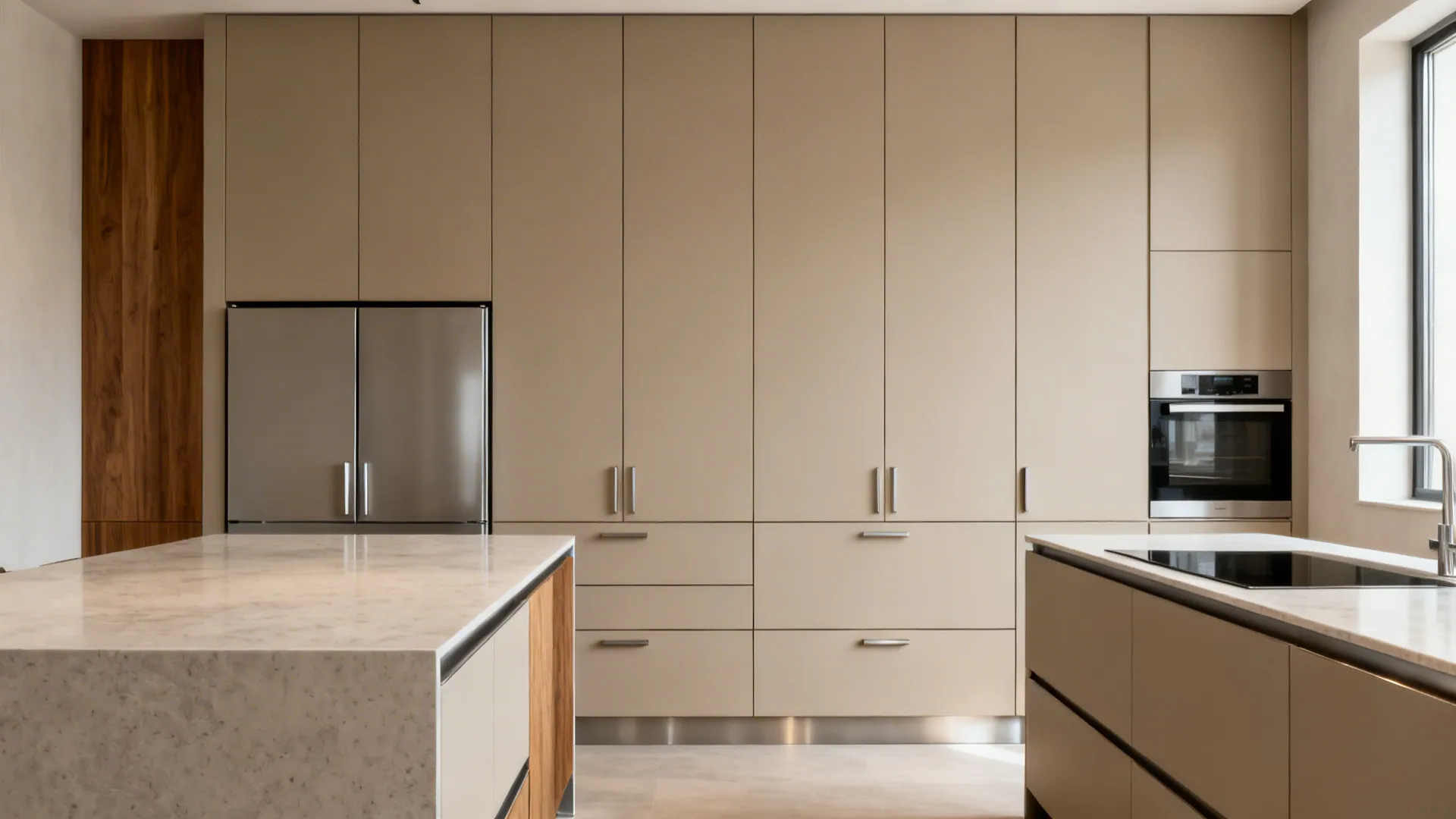 Minimalist flat-panel cabinets with full-height pantry and hidden storage in a small kitchen.