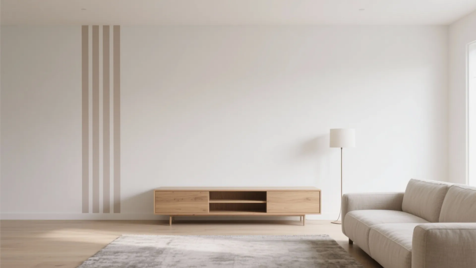 Minimalist living room with vertical stripes on white wall wooden cabinet floor lamp and sofa