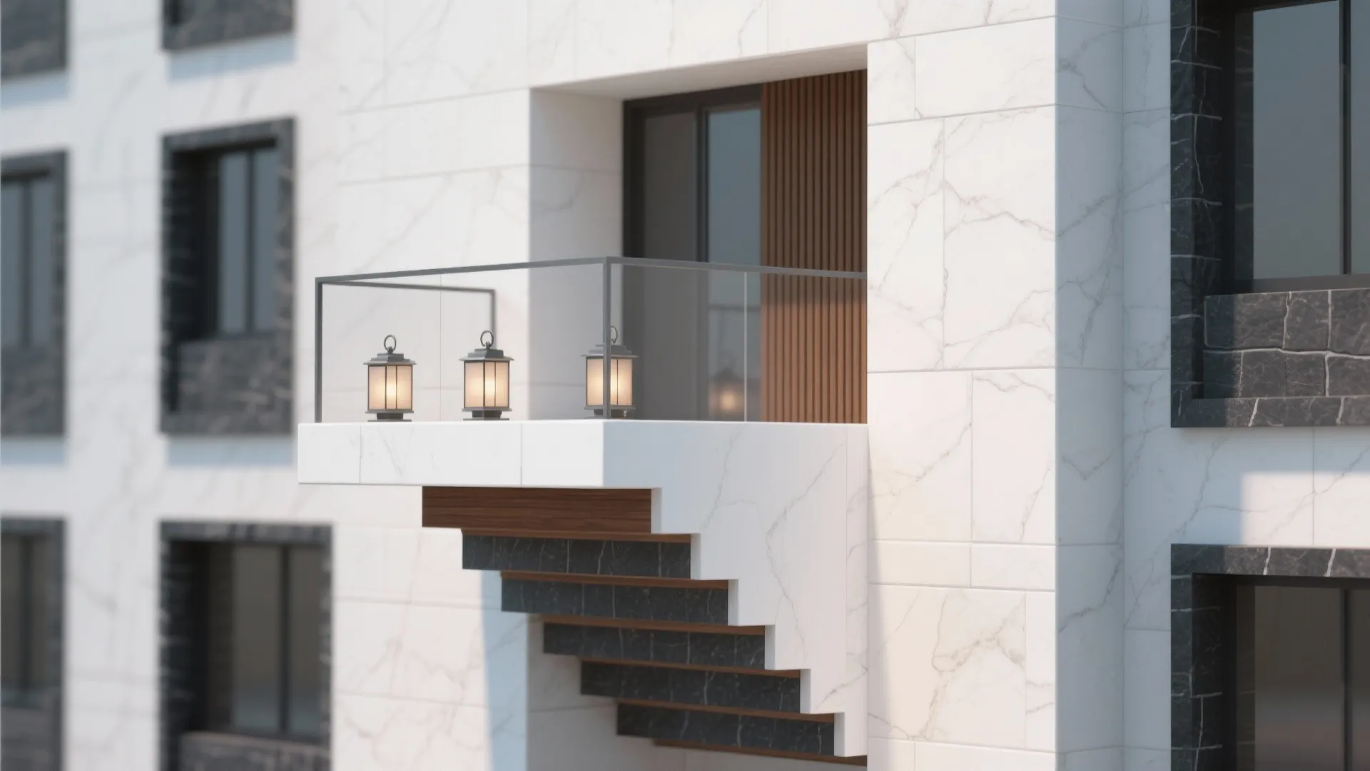 Minimalist white marble building balcony with glass railing three glowing lanterns and dark window frames