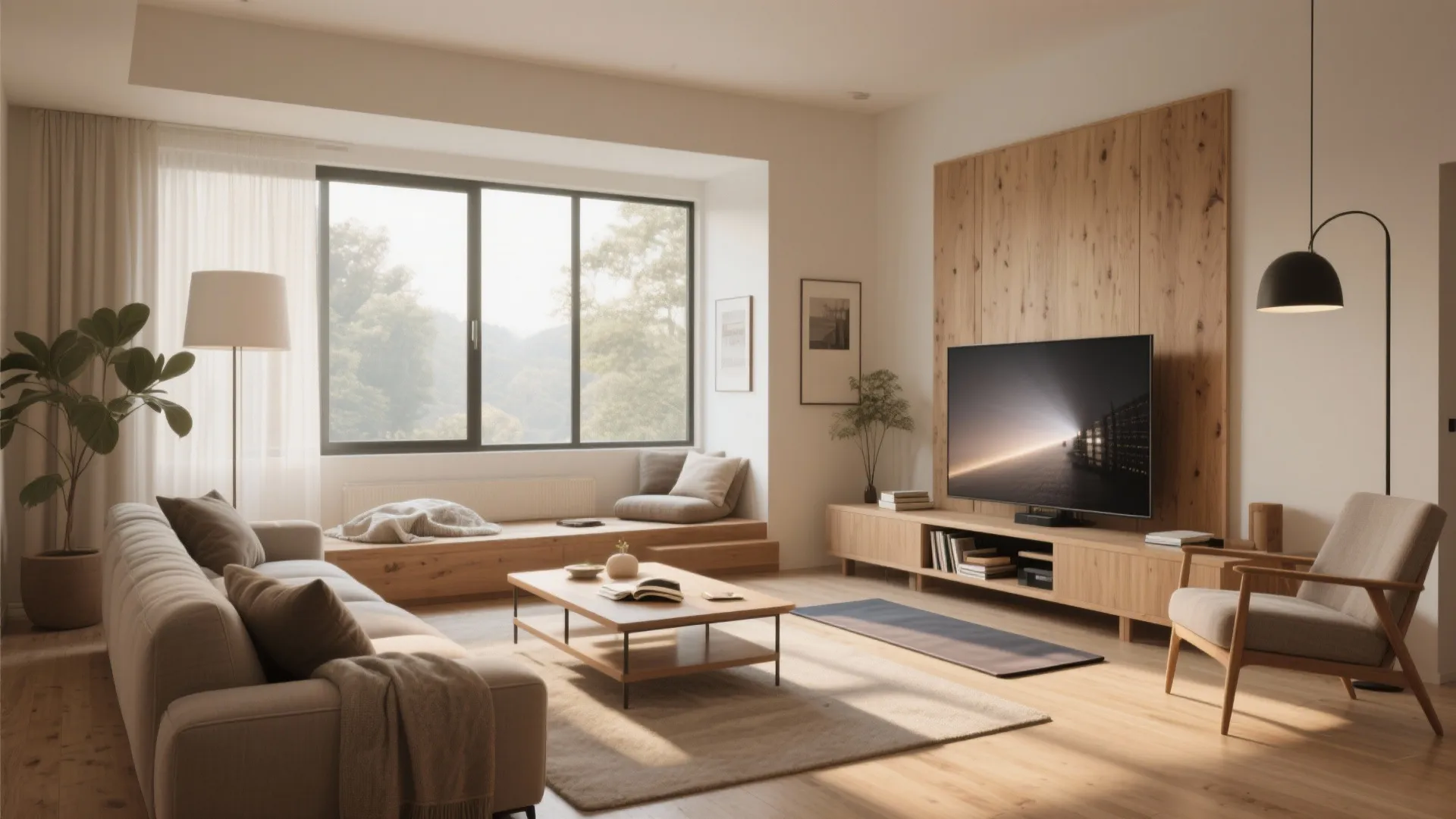 Bright living room featuring wood wall panel television large window sofa and cozy floor seating area