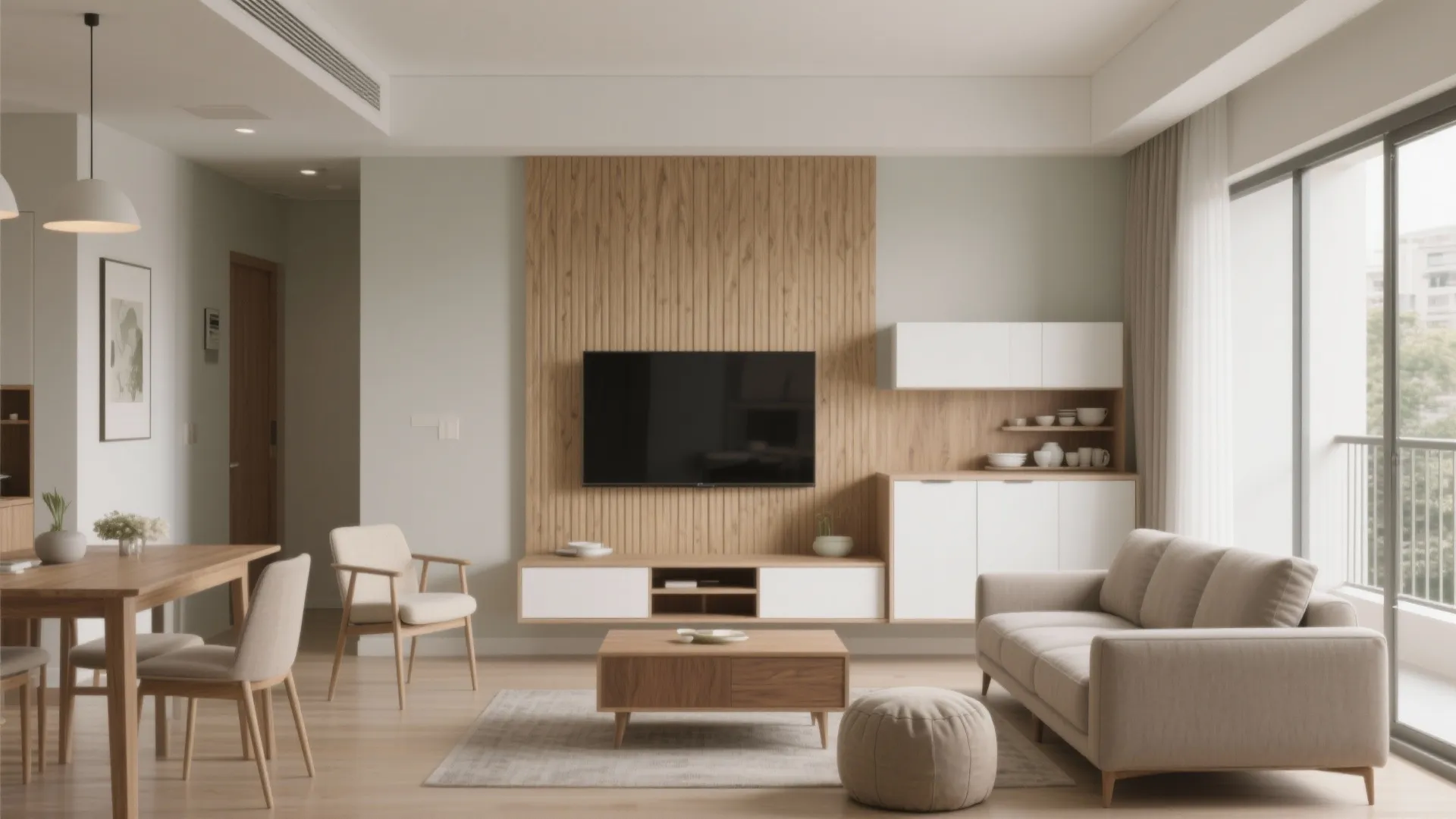 2) Minimalist living-dining with concealed storage