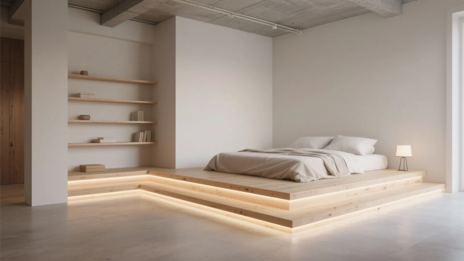 5. Minimalist loft with open shelving and lighting