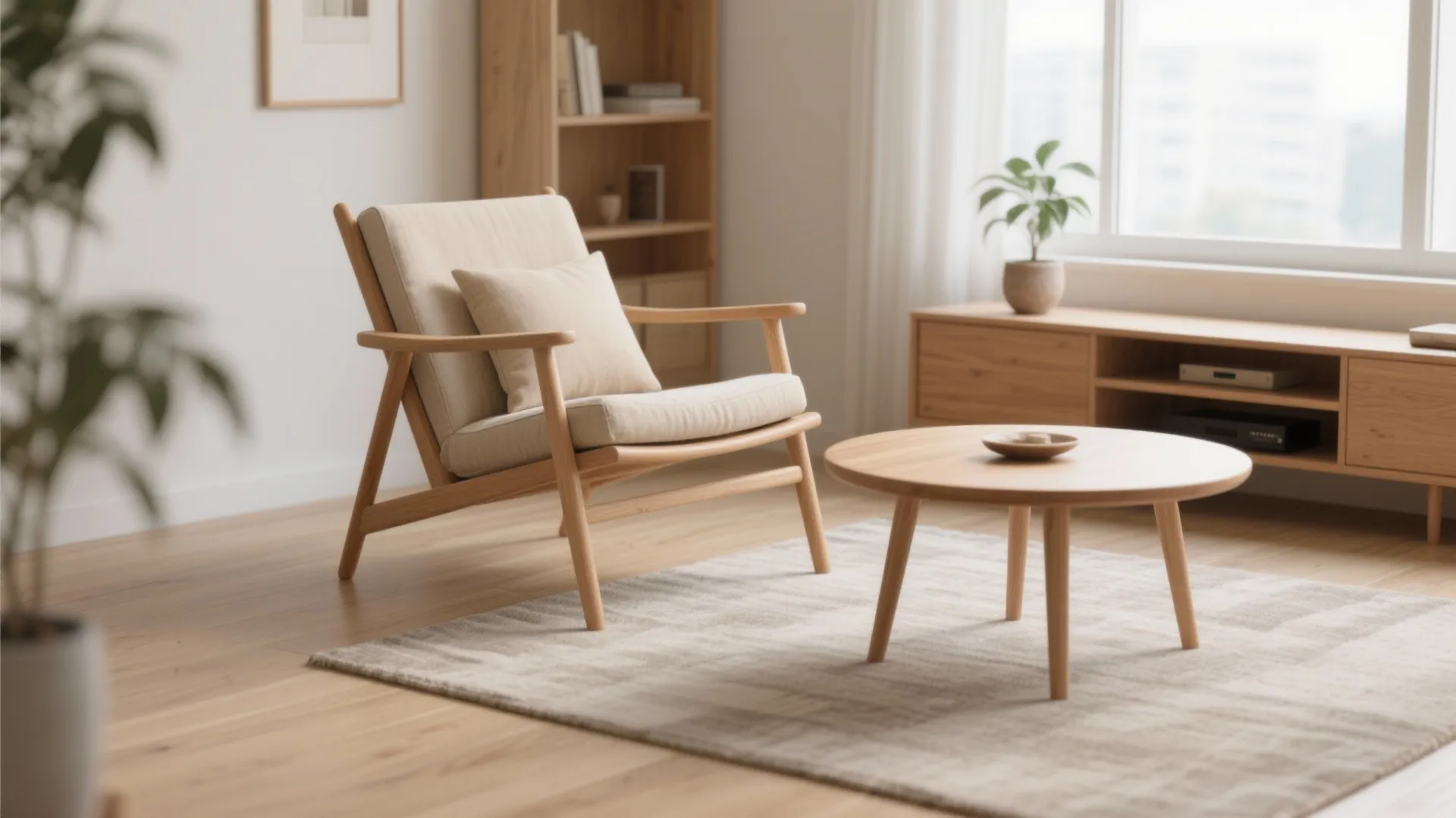 Minimalist wooden lounge chair with linen cushion angled toward a round coffee table in a bright small living room.